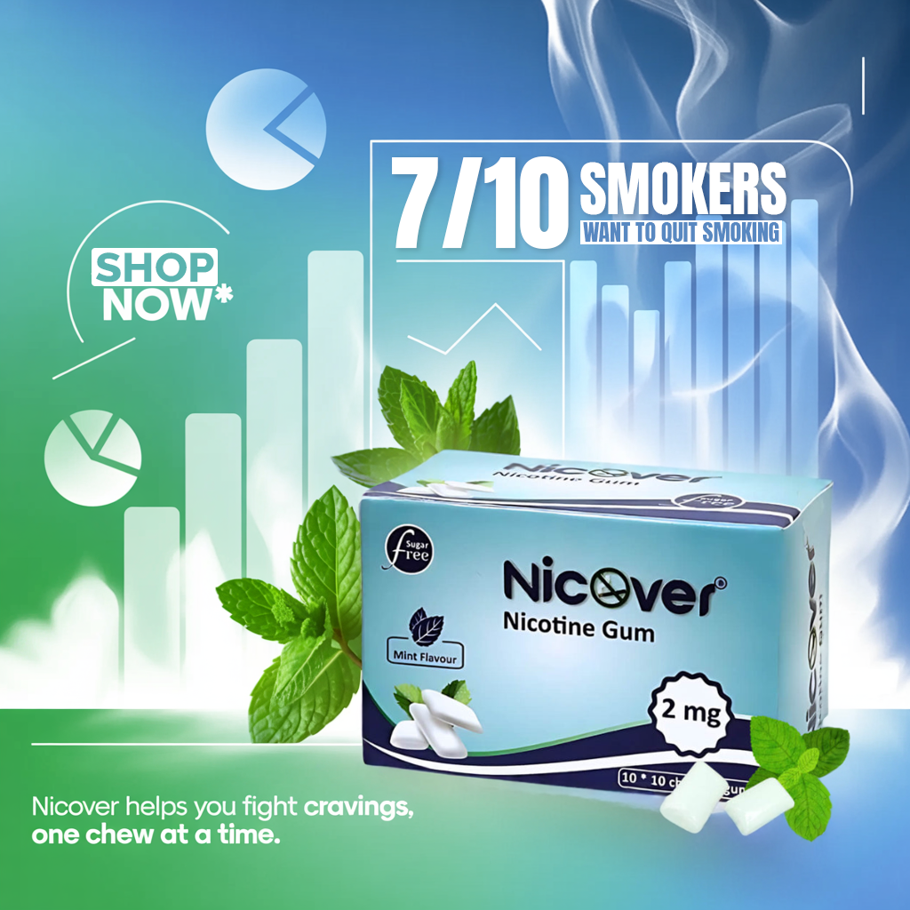 NicOver nicotine gum 2mg mint flavour to fight cravings and quit smoking with 7 out of 10 smokers social proof