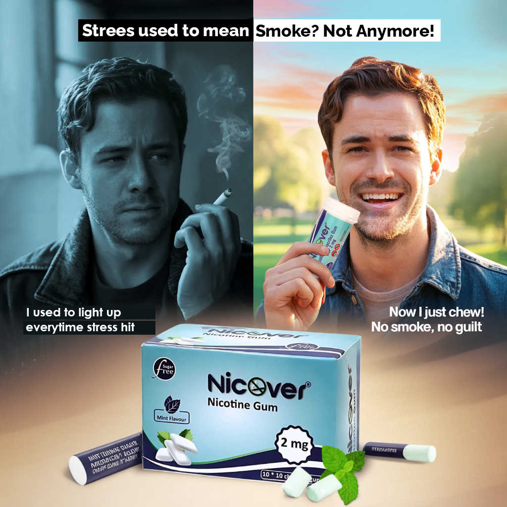 Nicover nicotine gum 2mg mint flavour for stress-triggered smokers replacing cigarettes with guilt-free smoke-free chewing alternative