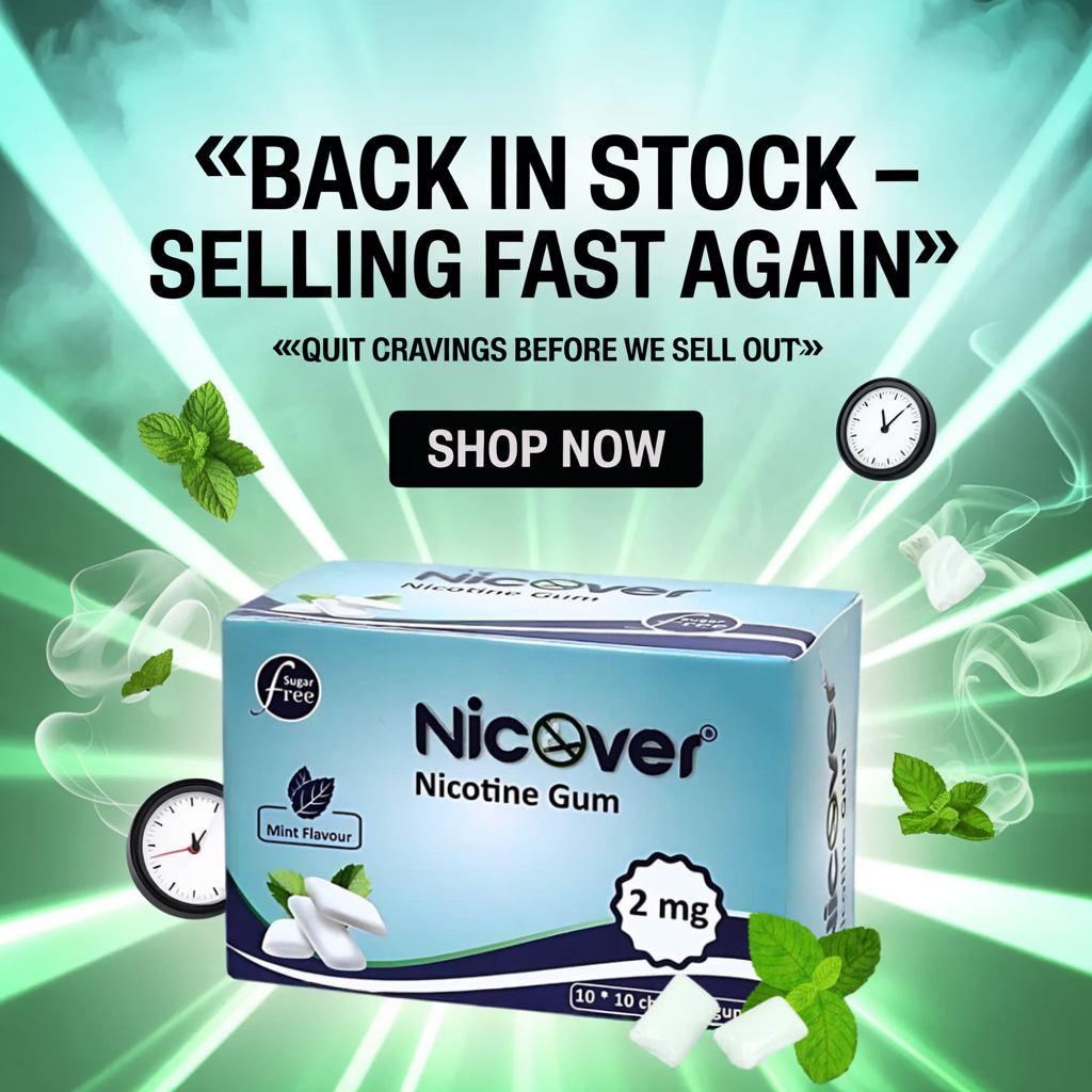 Nicover nicotine gum 2mg mint flavour back in stock with sugar-free craving relief for smokers quitting smoking