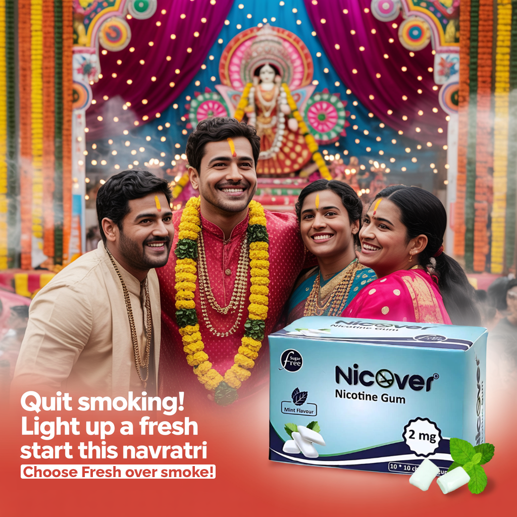 Nicover nicotine gum 2mg mint flavour quit smoking fresh start Navratri festival India sugar-free smoking cessation product