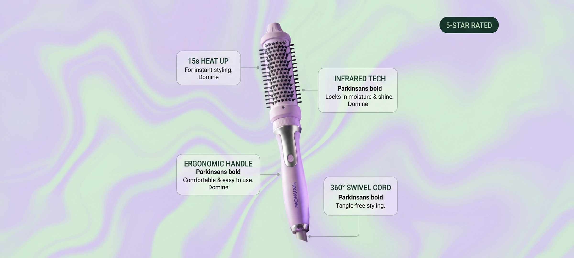 5-star rated Heatwave infrared hair brush with 15 second heat up ergonomic handle and 360 degree swivel cord for tangle-free styling