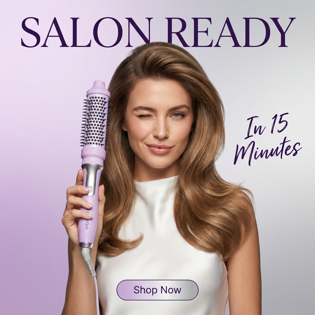 Woman with voluminous salon-ready hair using Heatwave purple styling brush for smooth blowout results in just 15 minutes at home