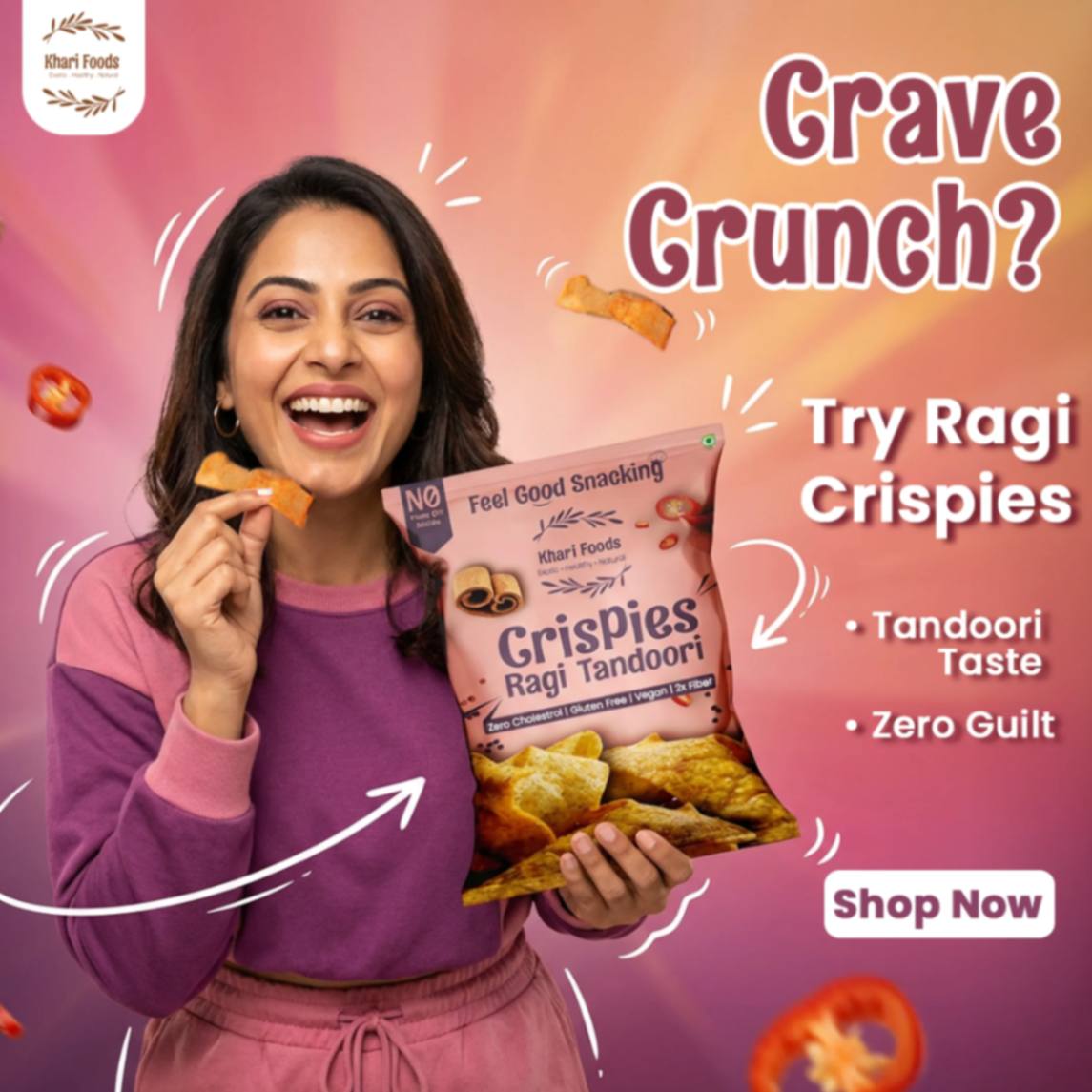 Khari Foods Ragi Tandoori Crispies guilt-free healthy gluten-free vegan snack with tandoori flavor for clean snacking