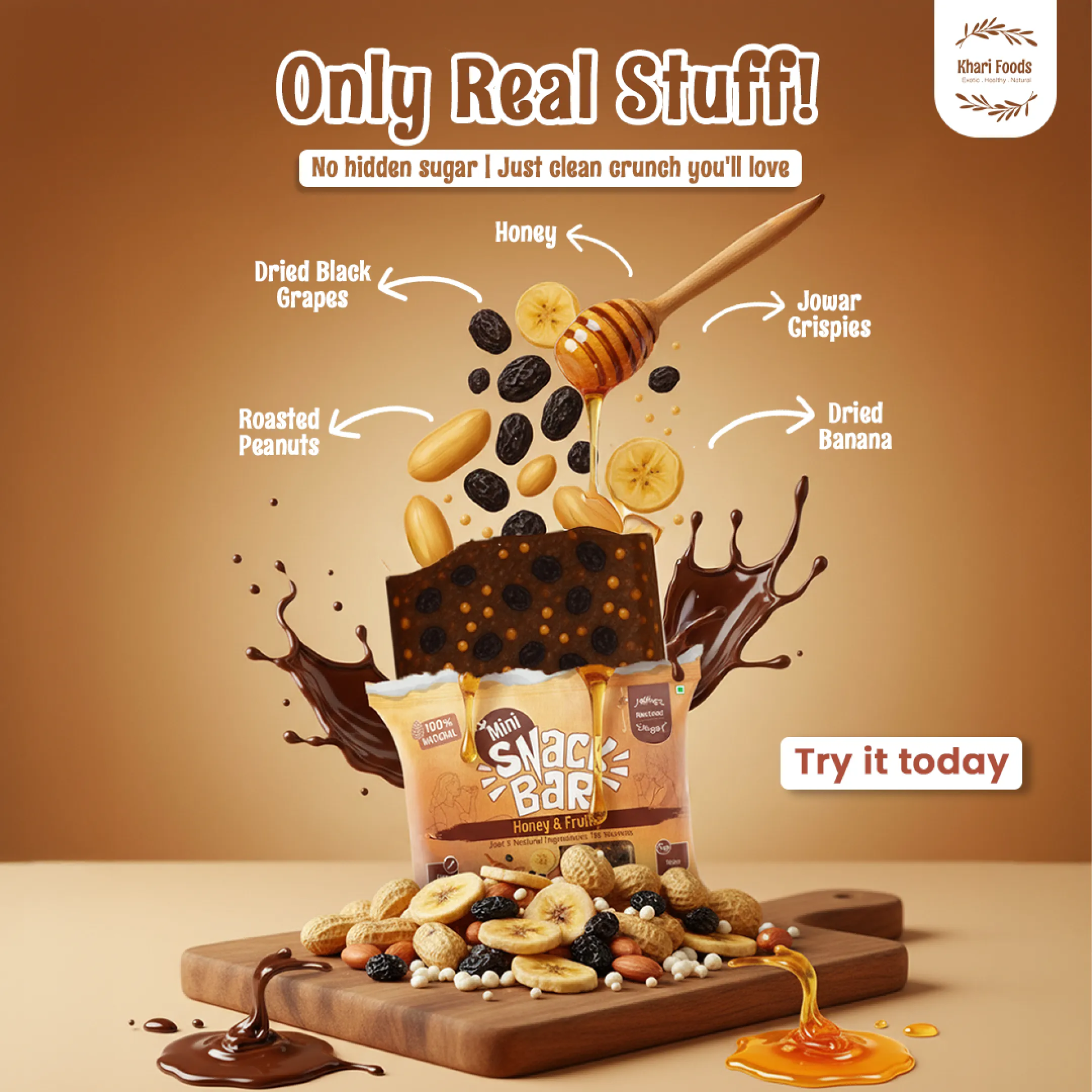 Khari Foods Mini Snack Bar with real honey dried fruits roasted peanuts and jowar crispies no hidden sugar clean snack
