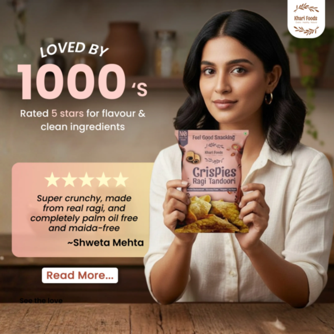 Khari Foods Ragi Tandoori Crispies 5-star reviewed healthy palm oil free maida free snack loved by thousands of customers