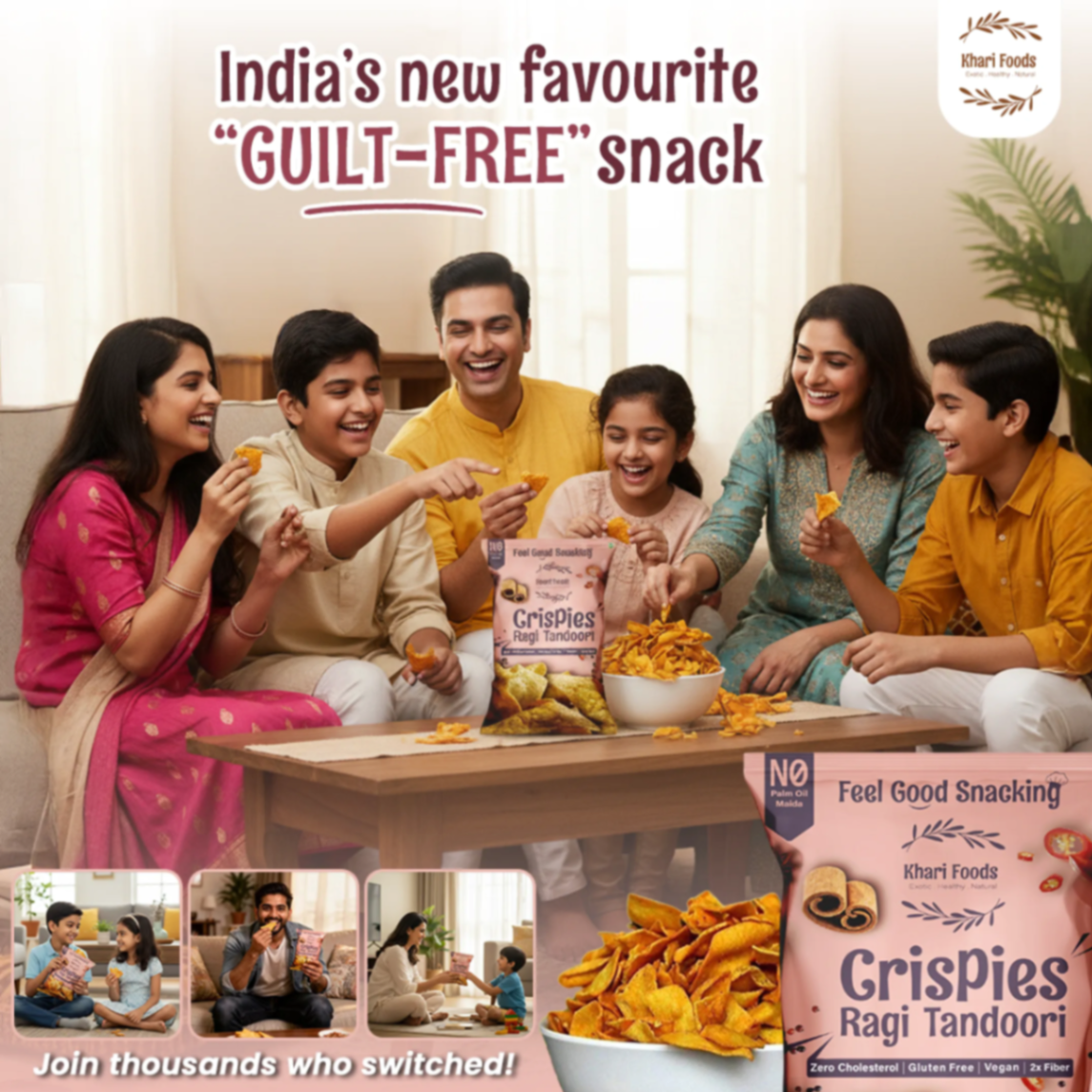 Indian family enjoying Khari Foods Ragi Tandoori Crispies guilt-free gluten-free vegan healthy snack for all ages