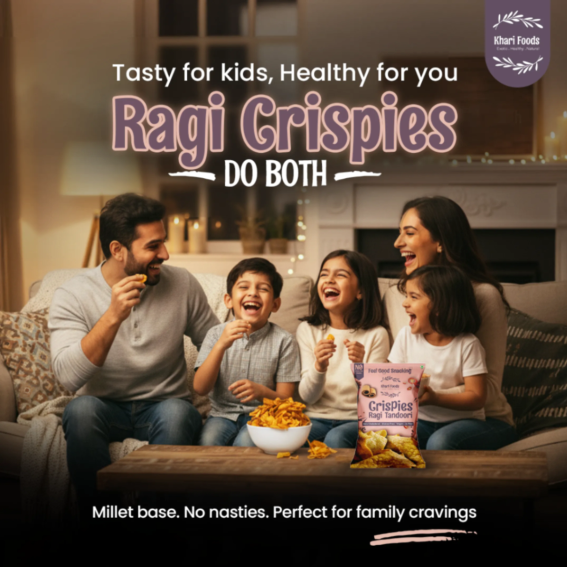 Healthy ragi millet snack crispies for kids and parents family snacking with no nasties and clean ingredients by Khari Foods