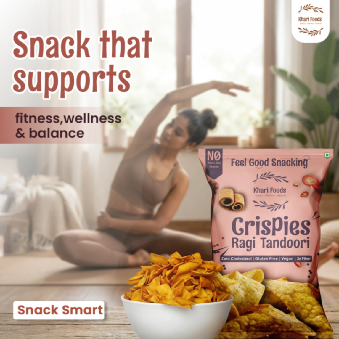 Healthy ragi tandoori snack zero cholesterol gluten free vegan high fiber for fitness wellness and balanced lifestyle by Khari Foods