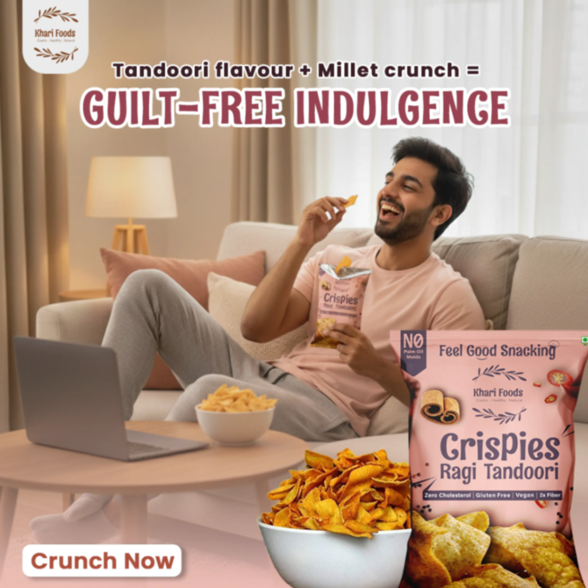 Guilt free ragi tandoori millet crunch snack zero cholesterol gluten free vegan for healthy indulgence at home by Khari Foods