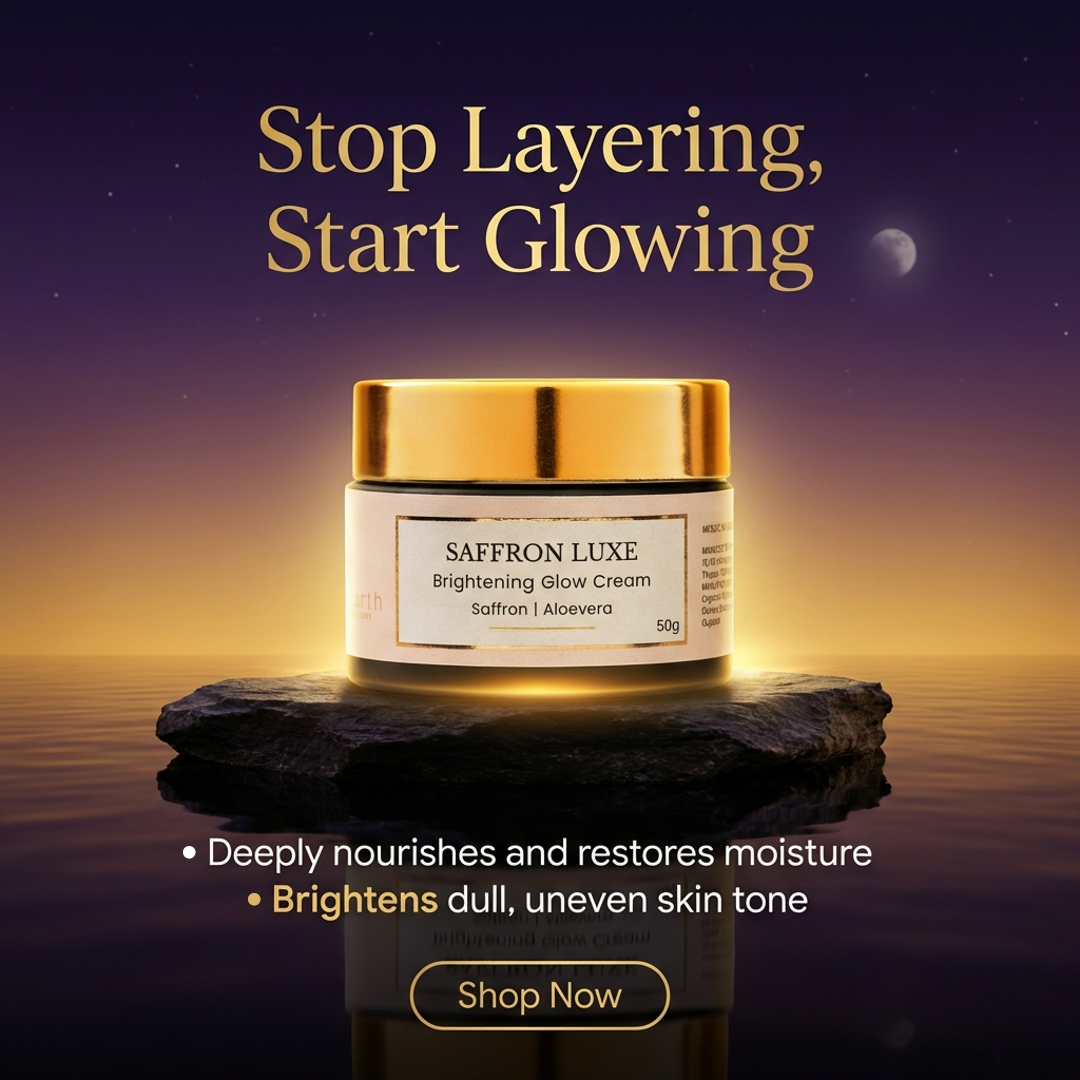 Saffron Luxe brightening glow cream with saffron and aloe vera under a night sky for simplified glowing skin routine
