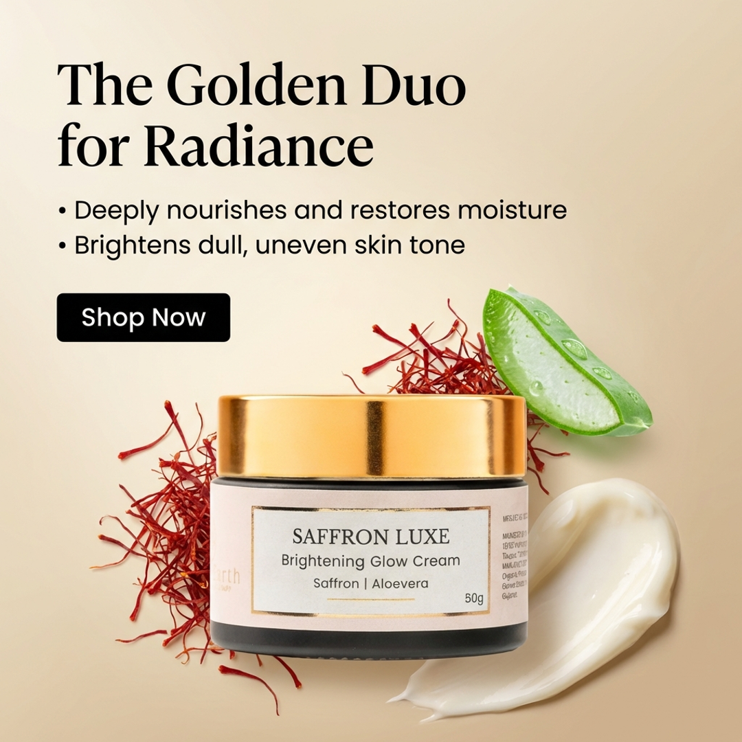 Saffron Luxe brightening glow cream with visible saffron and aloe vera ingredients for radiant even skin tone naturally