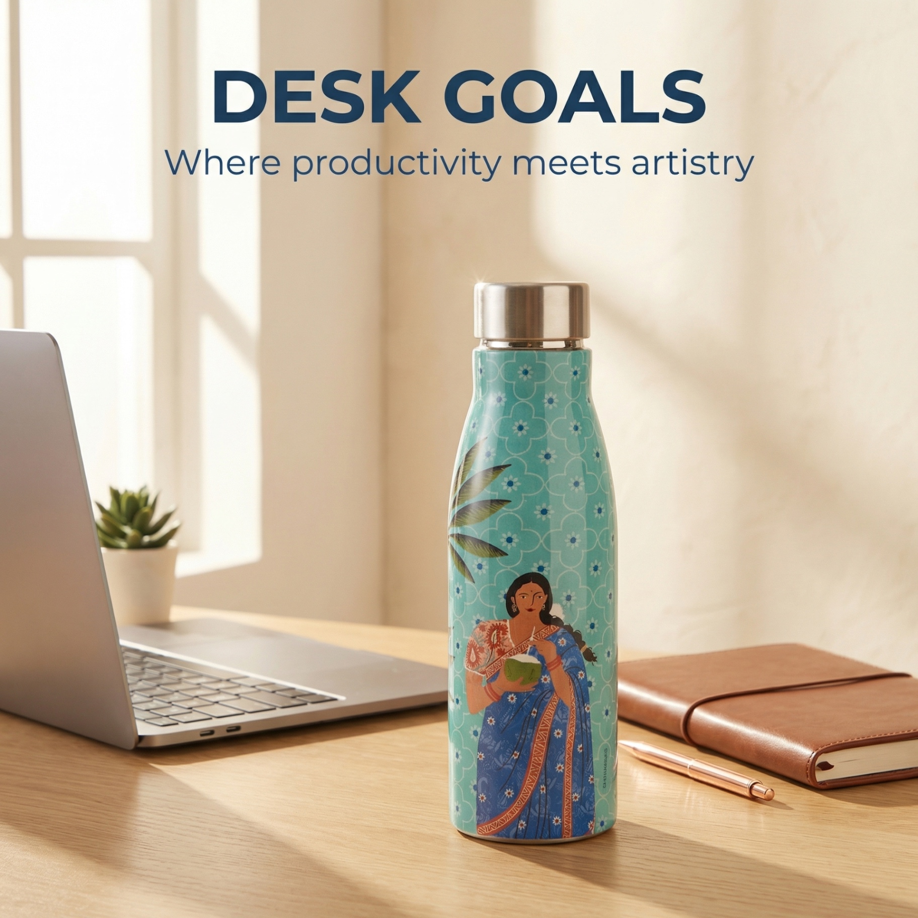 Artistic Indian art printed water bottle on work desk as stylish productivity companion for office and home workspace goals
