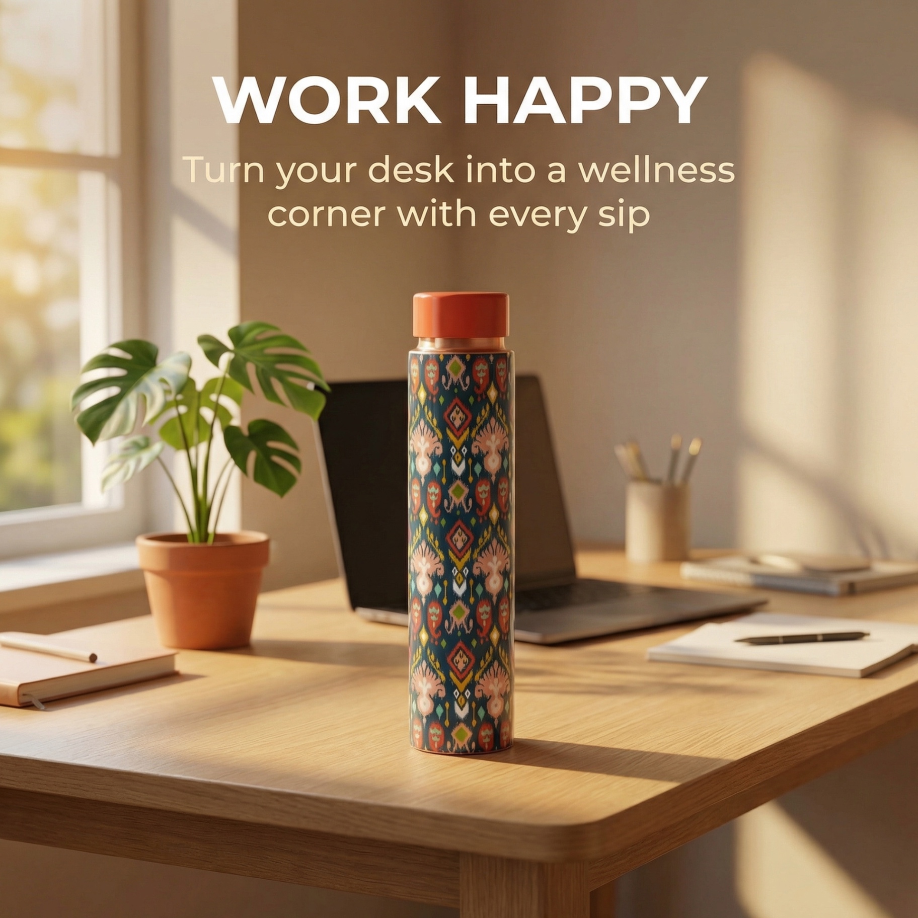 Bohemian ikat print water bottle on wooden work desk as wellness companion for happy productive home office hydration routine