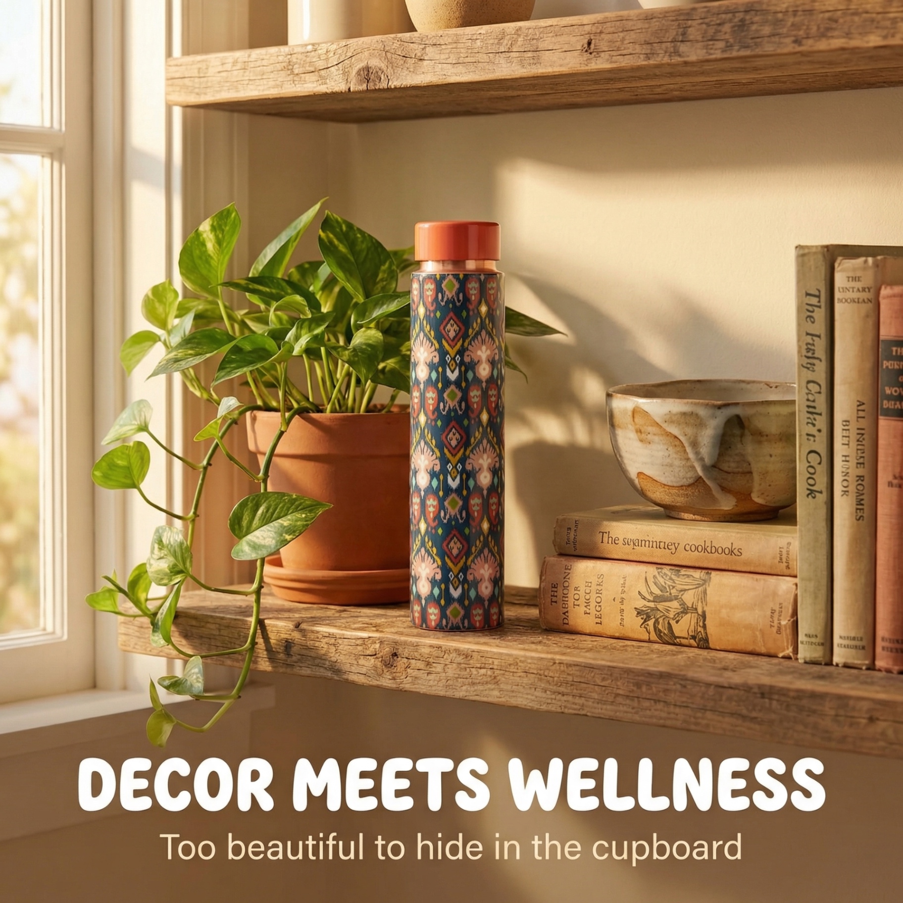 Beautifully designed ethnic patterned water bottle styled on a rustic kitchen shelf with plants and books as home decor