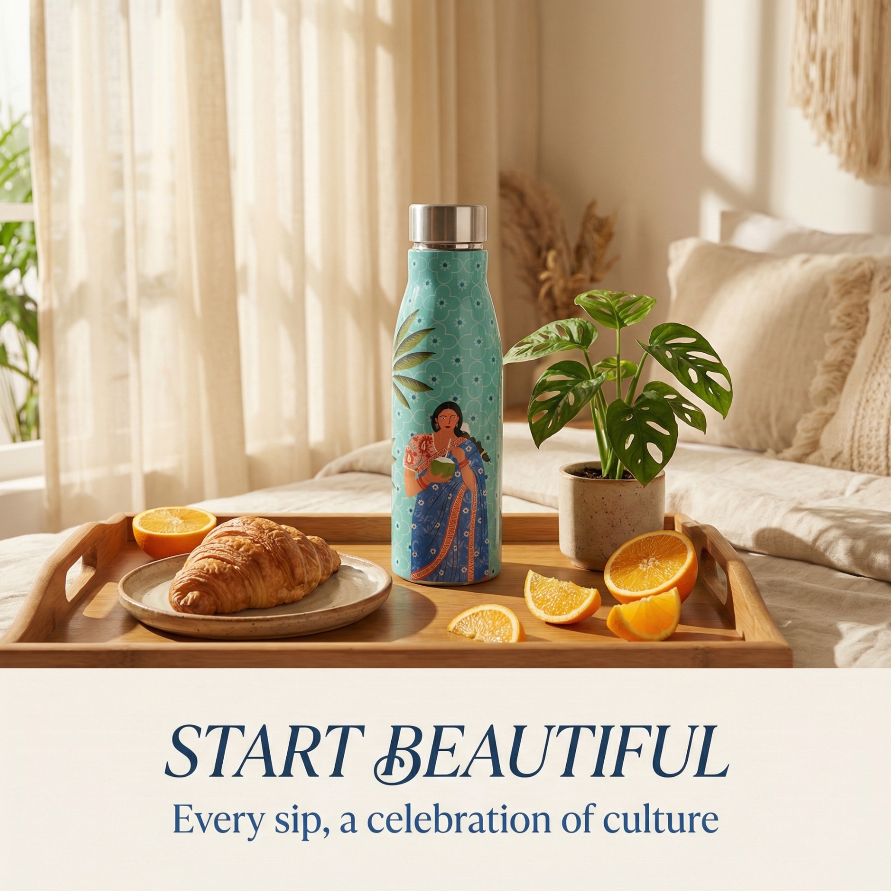 Teal Indian art illustrated water bottle on a morning breakfast tray celebrating cultural heritage with every sip