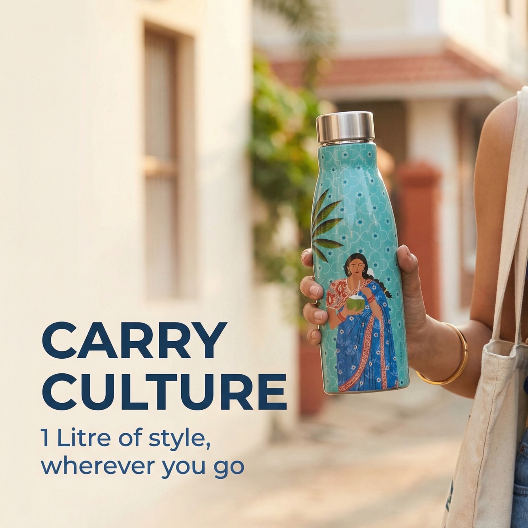 1 litre Indian art teal water bottle carried by stylish urban woman on street representing cultural identity and hydration