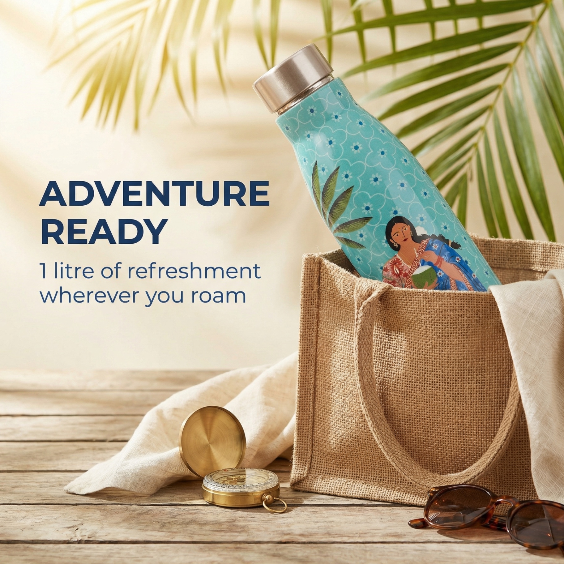 1 litre teal Indian art water bottle adventure ready packed in jute travel bag with compass for outdoor wanderlust lifestyle