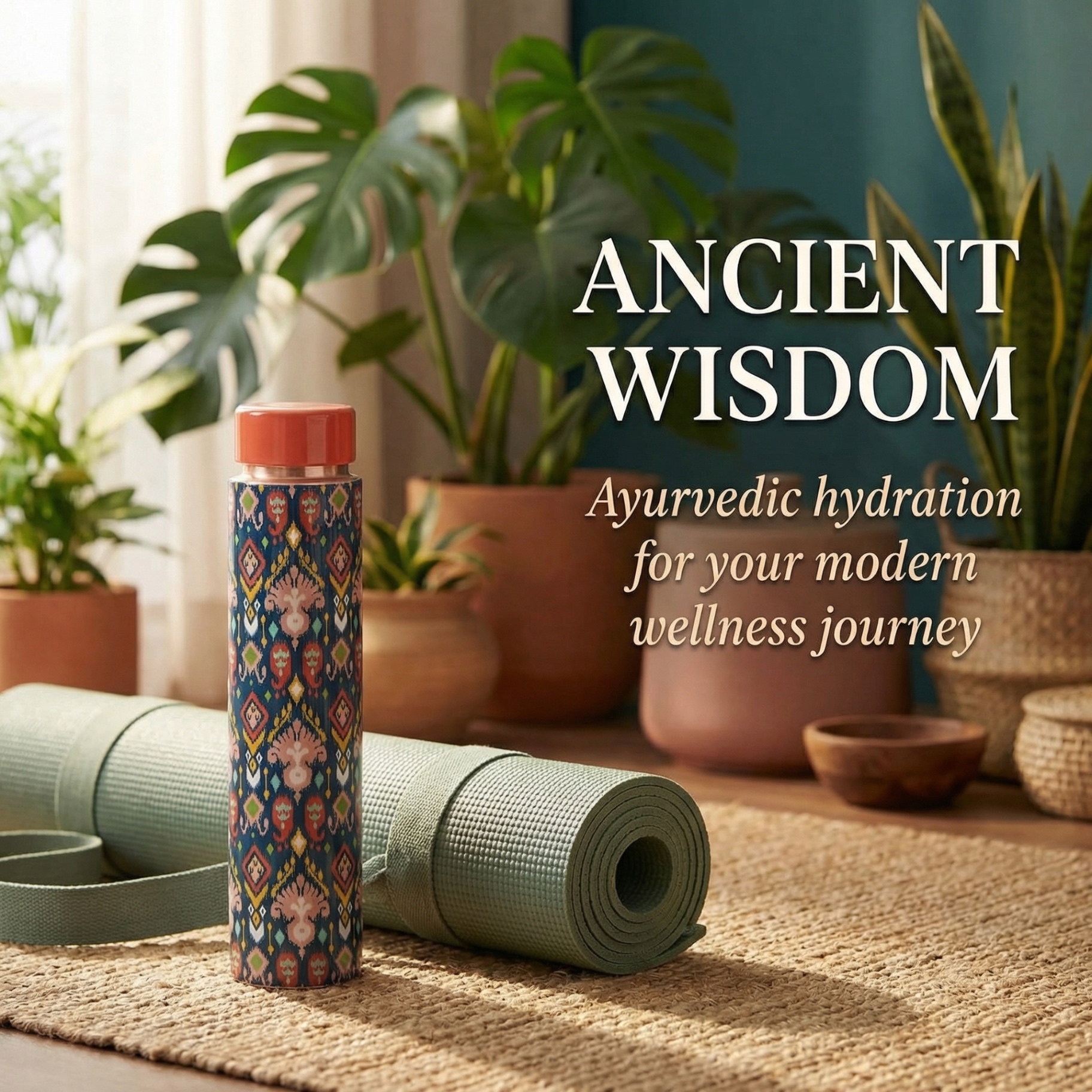 Ayurvedic patterned water bottle beside a rolled yoga mat surrounded by indoor plants for a modern wellness lifestyle