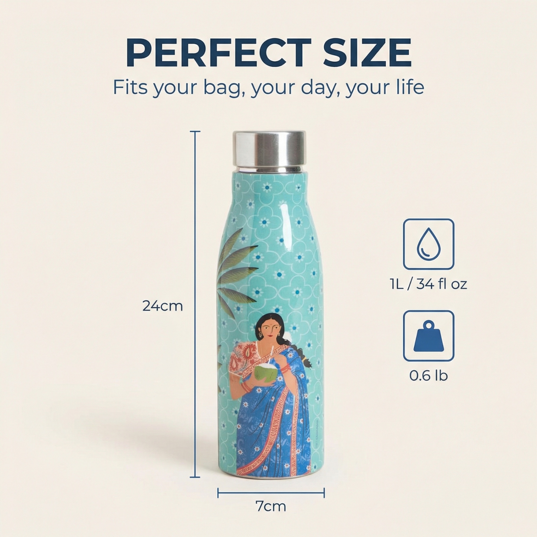 Lady Chettiar 1 litre 24cm slim Indian art printed stainless steel water bottle with exact dimensions for everyday carry