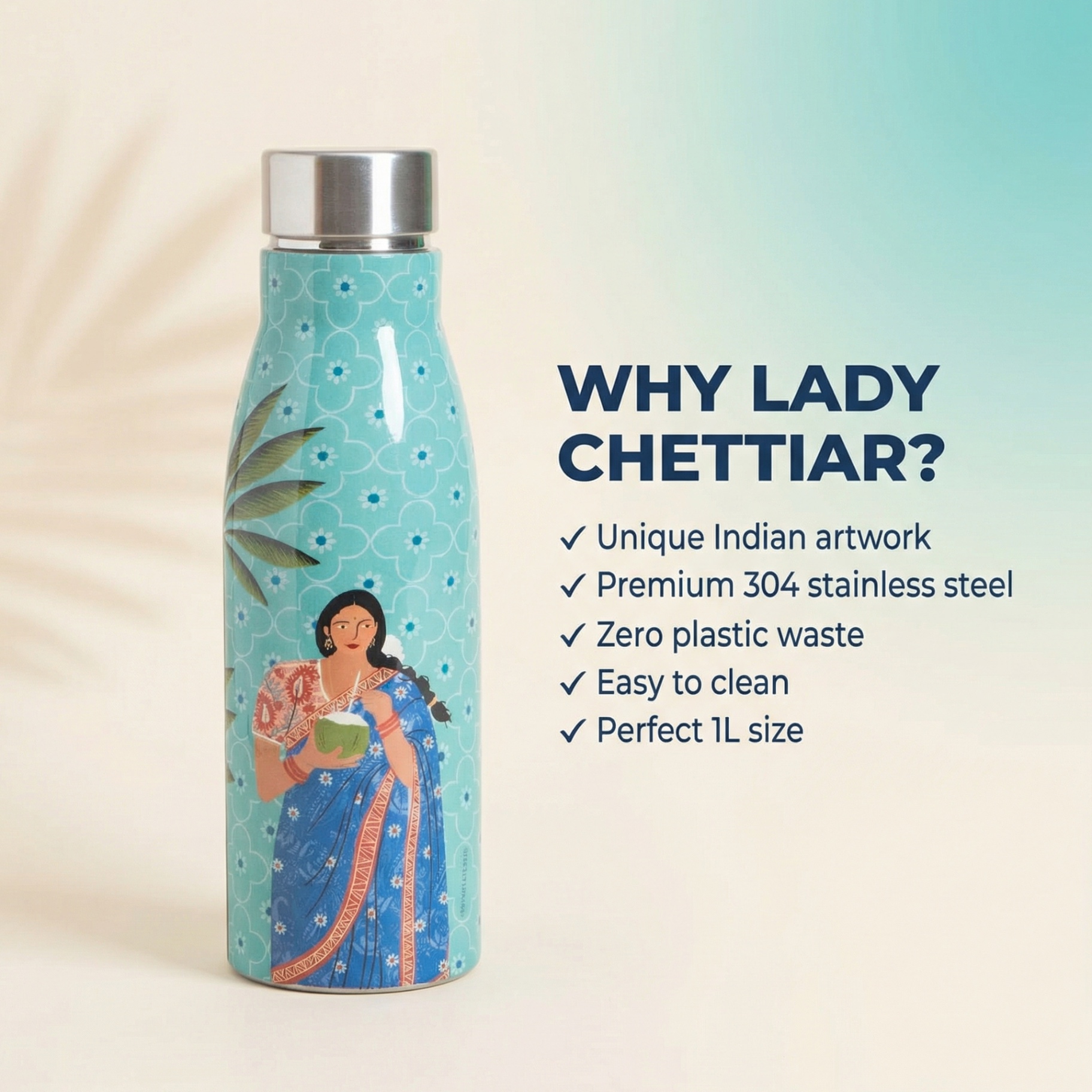 Lady Chettiar Indian artwork 304 stainless steel zero plastic waste 1 litre water bottle for eco conscious buyers