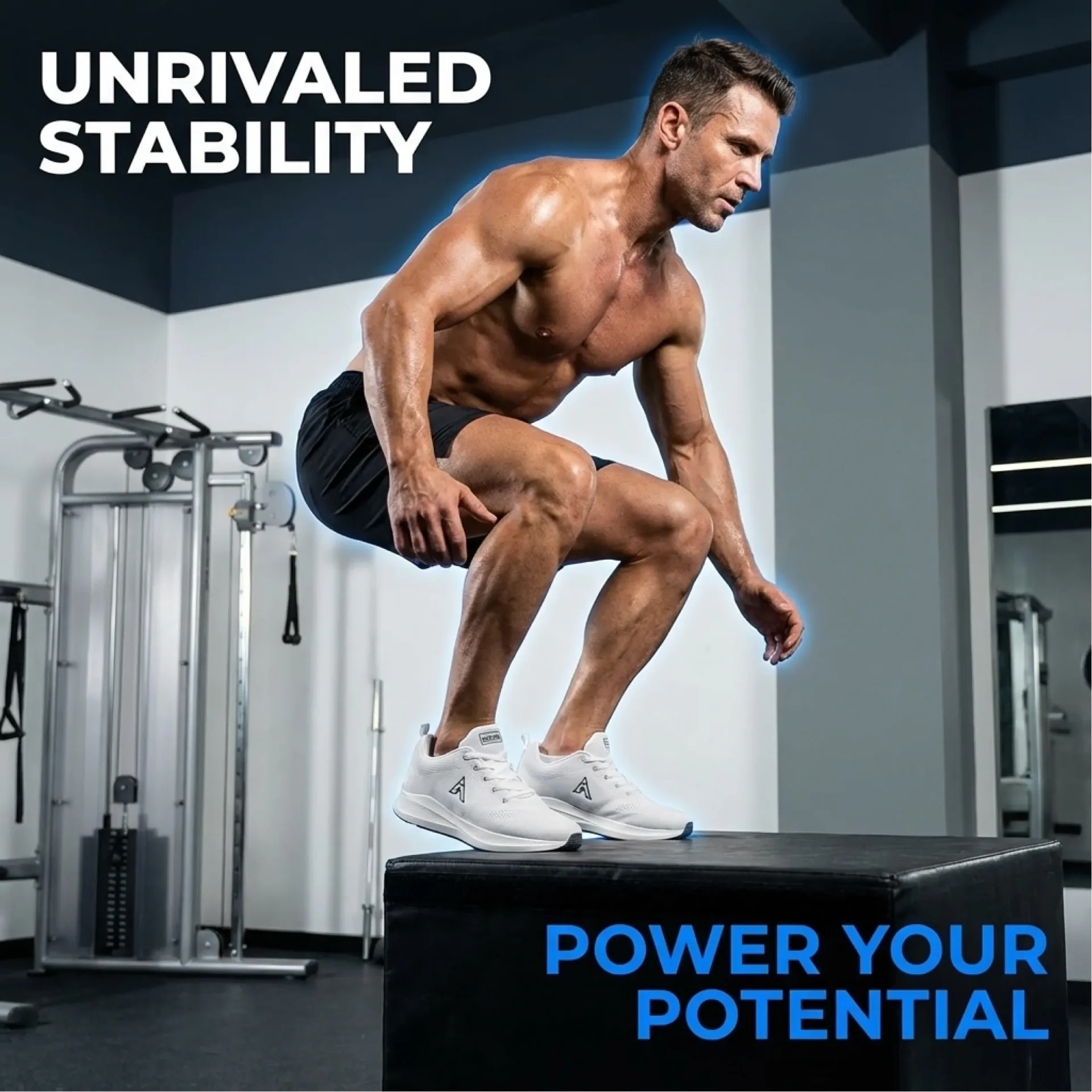 High stability white athletic training shoes for gym workouts and box jumps with unrivaled grip and performance support