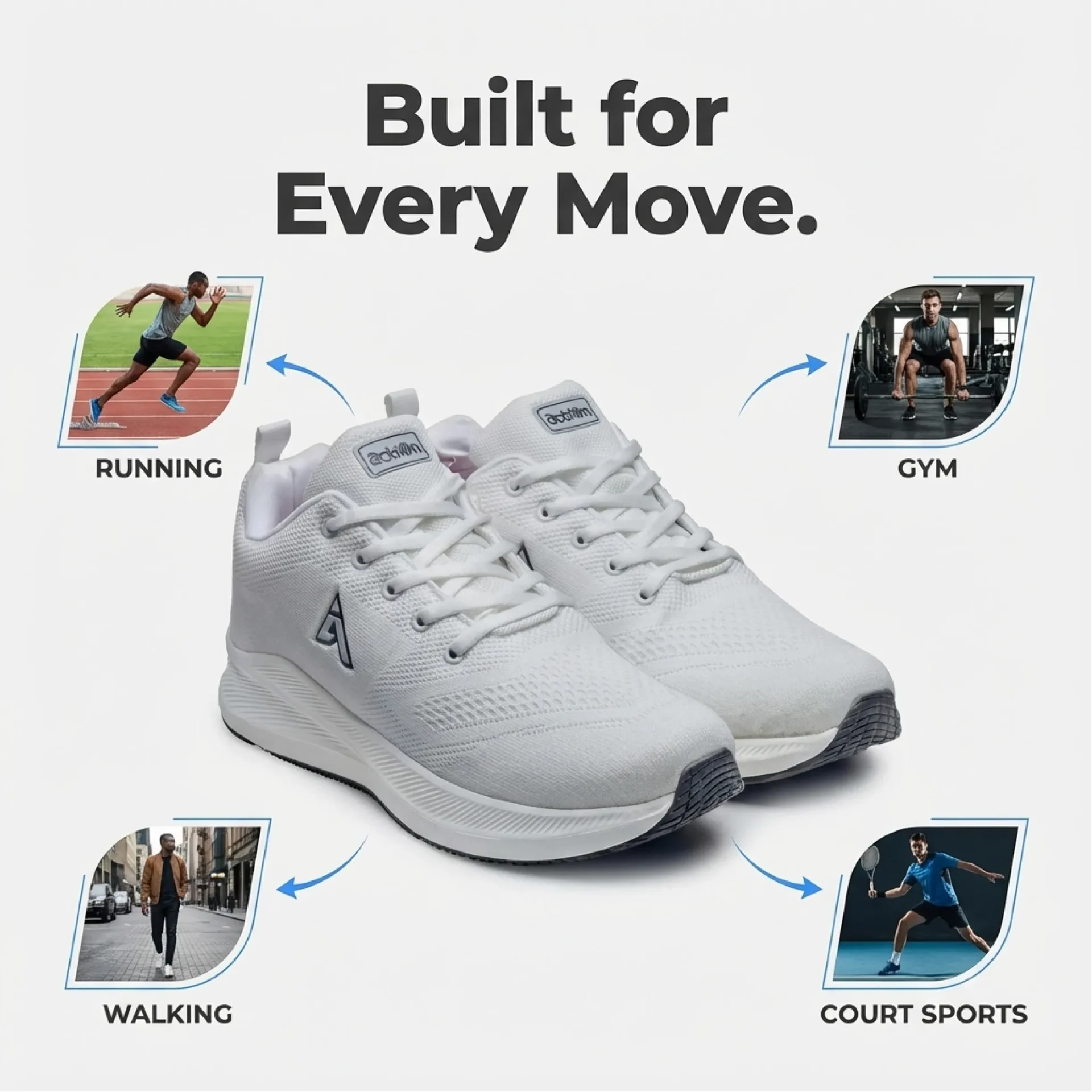 White versatile athletic sneakers built for running gym walking and court sports with multi-activity performance design
