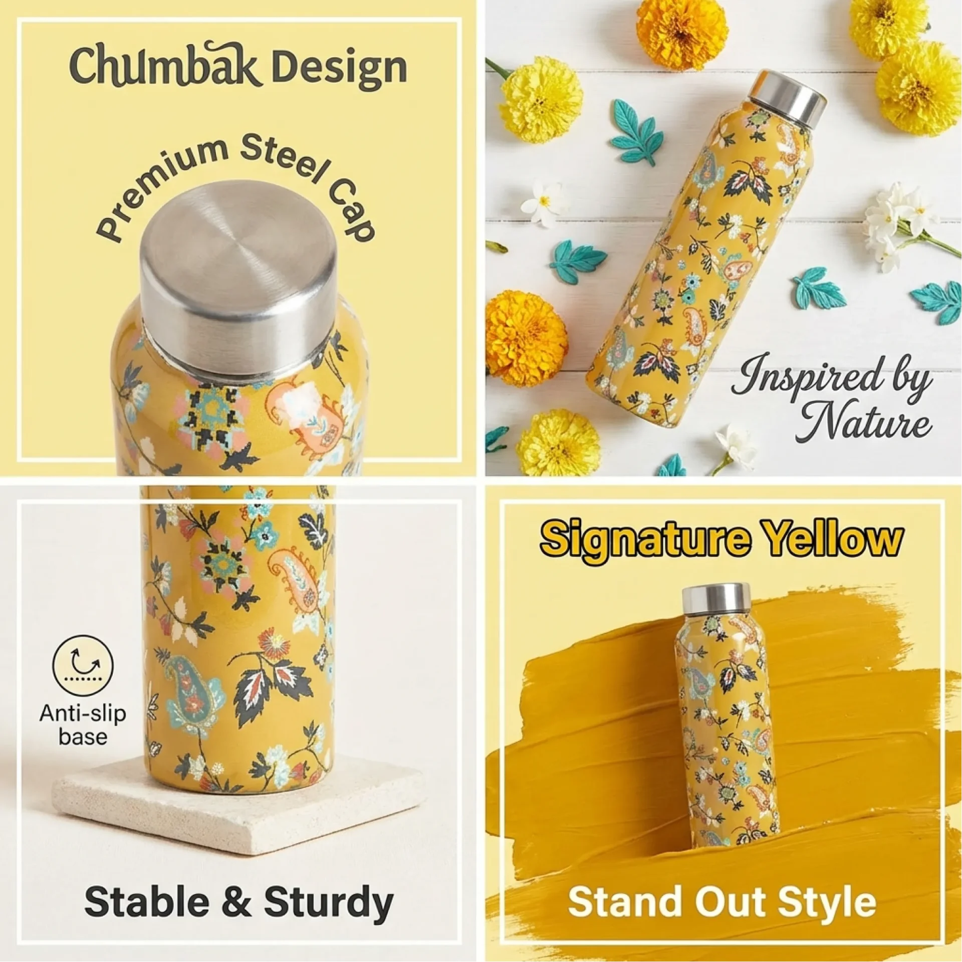 Chumbak Design signature yellow floral water bottle with premium steel cap anti-slip base stable sturdy nature inspired style