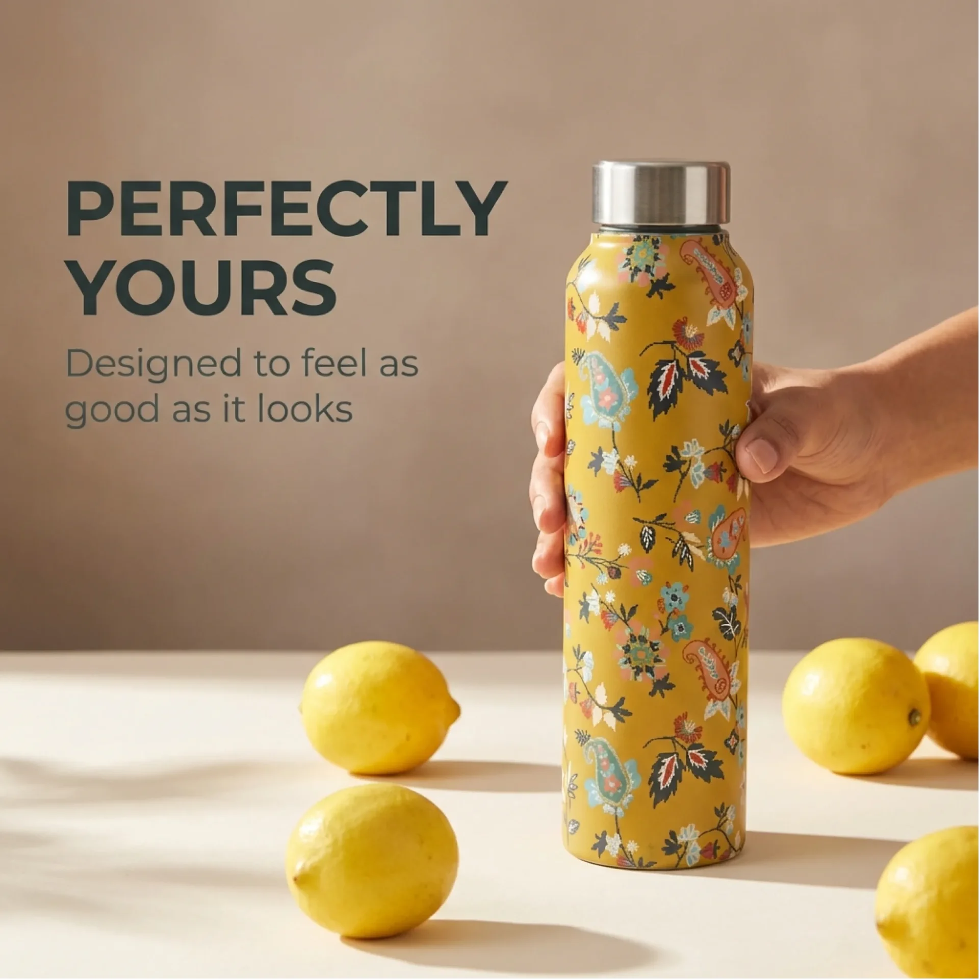 Stylish floral printed yellow water bottle designed to feel as good as it looks for aesthetic conscious buyers