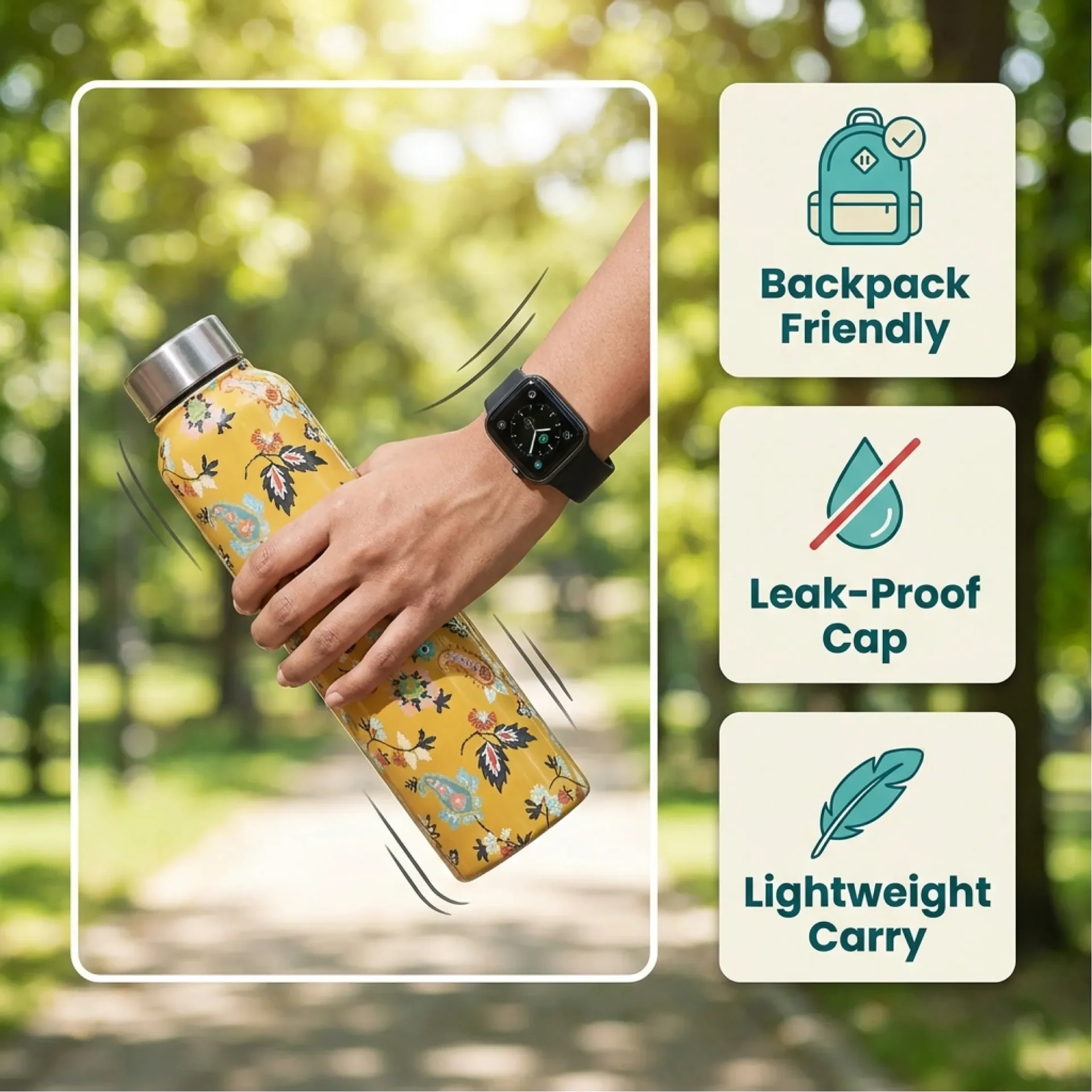 Lightweight leak-proof floral water bottle perfect for backpack carry and outdoor active lifestyle use