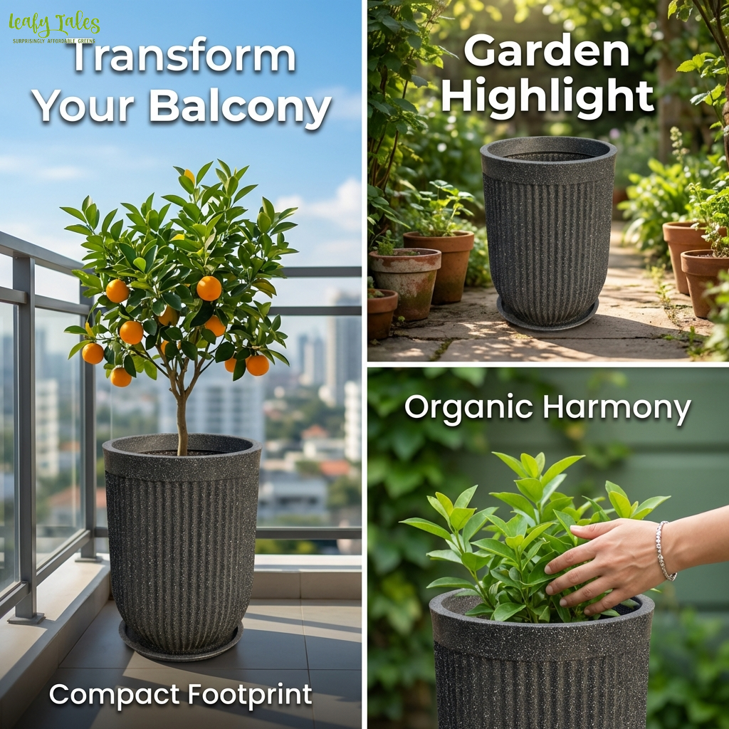 Compact stone finish planter for balcony garden transformation with organic harmony design by Leafy Tales