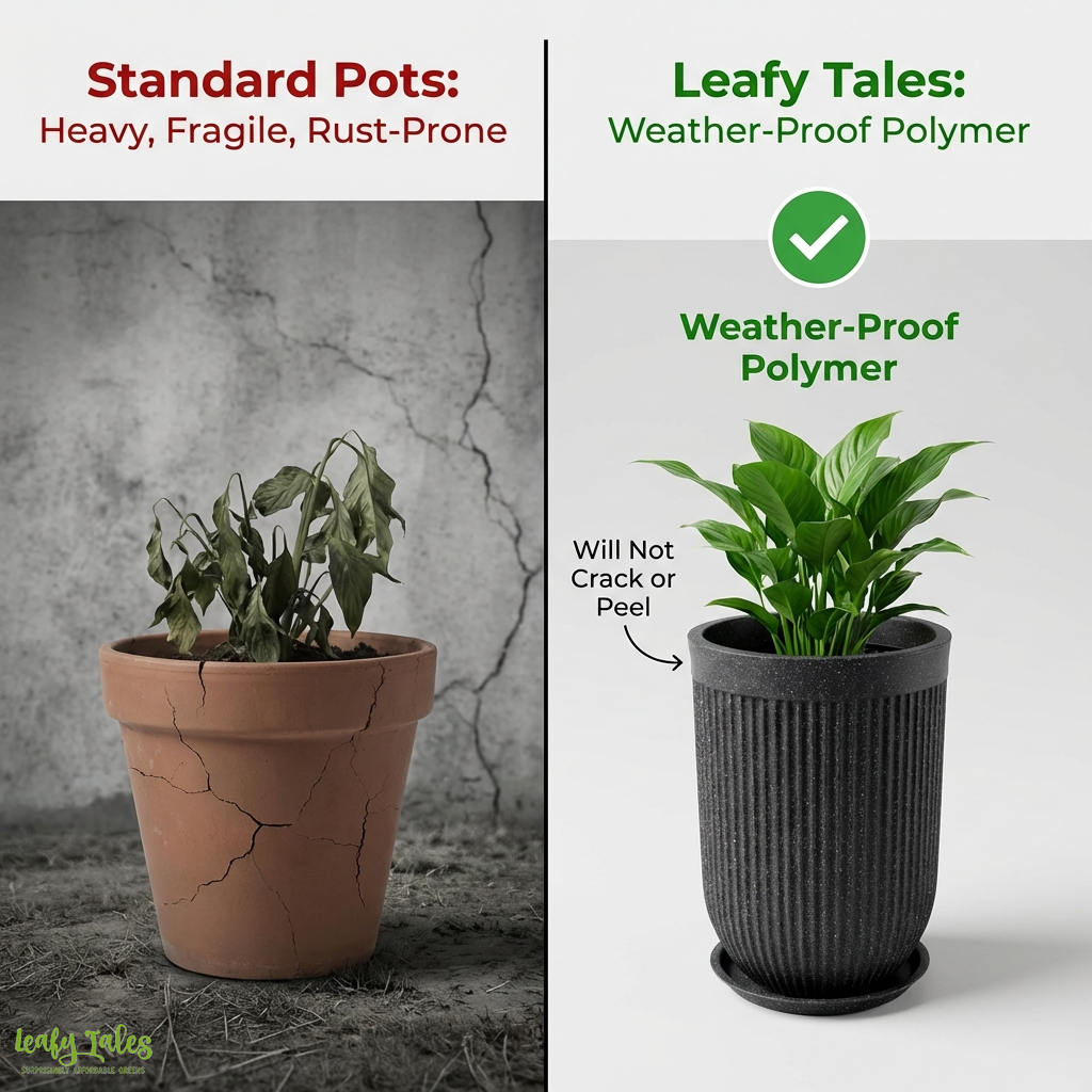 Weather-proof polymer planter by Leafy Tales that will not crack or peel compared to heavy fragile standard terracotta pots