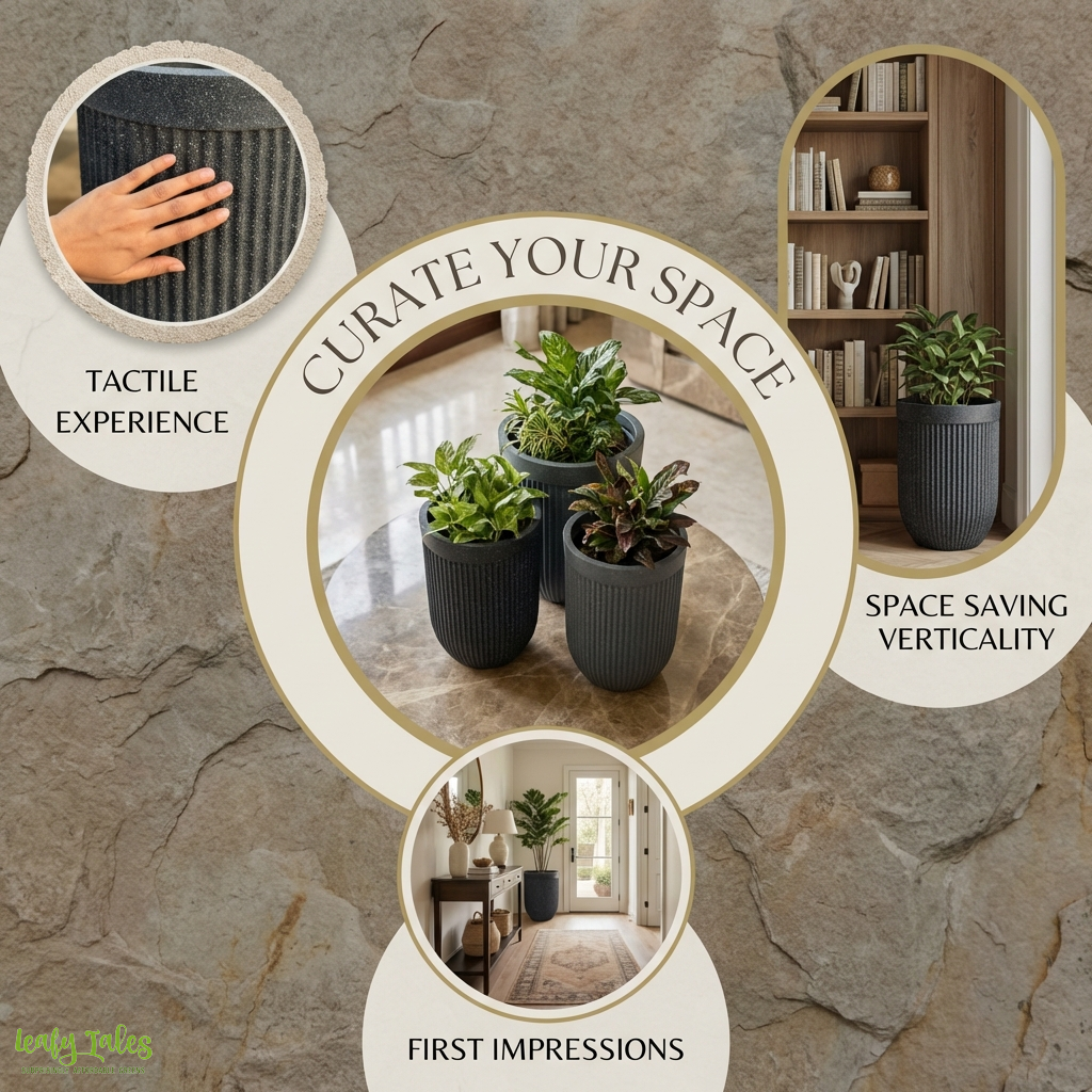 Modern ribbed black planters by Leafy Tales curating stylish indoor spaces with space saving verticality and tactile granite finish