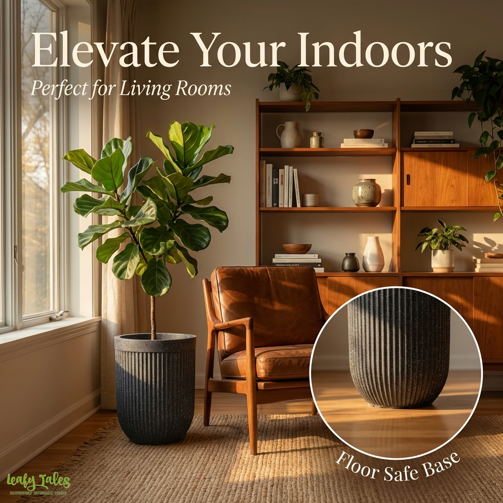 Large indoor ribbed planter elevating living room decor with floor safe base and modern granite finish by Leafy Tales