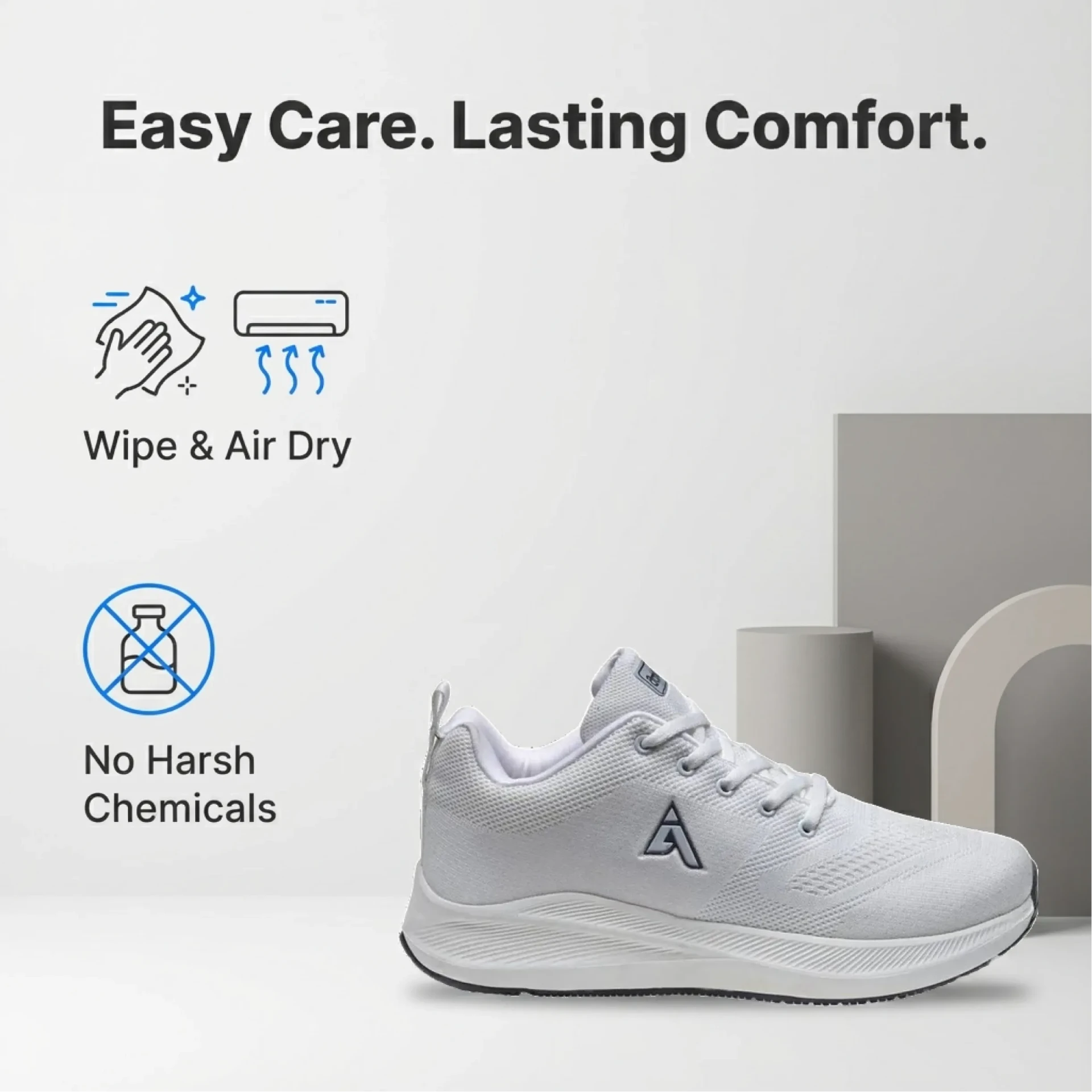 Easy care white sneakers requiring only wipe and air dry cleaning with no harsh chemicals for lasting everyday comfort