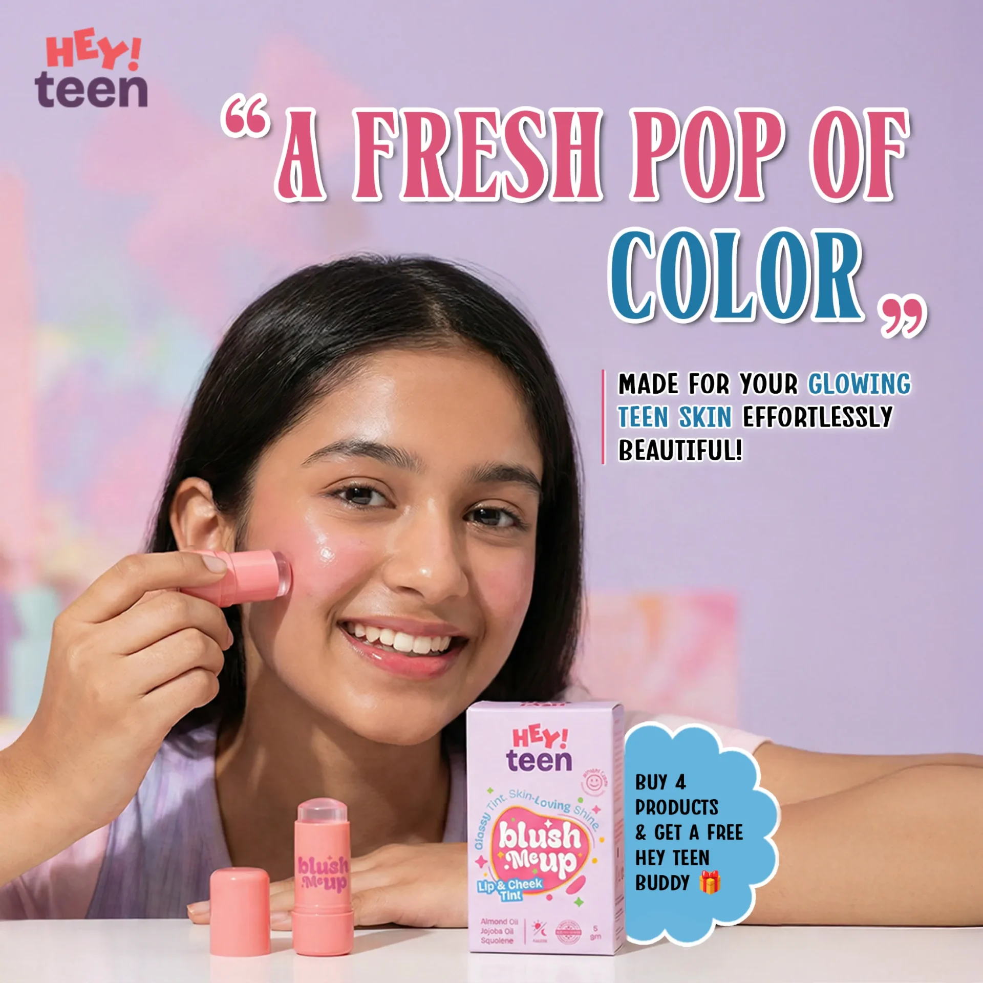 Hey Teen Blush Me Up lip and cheek tint stick for glowing teen skin with natural ingredients and fresh pop of color