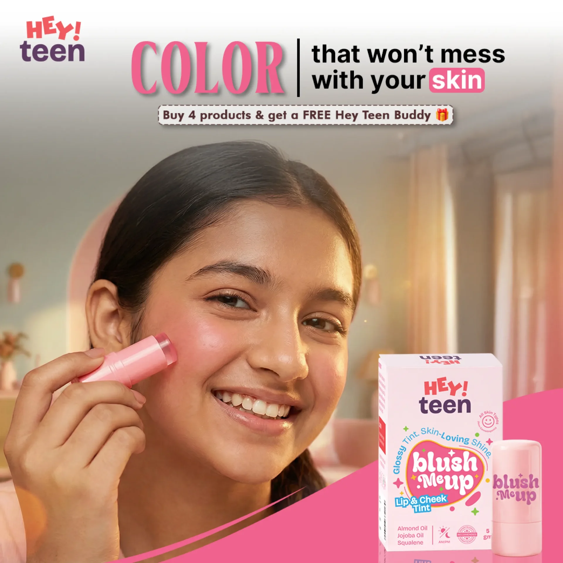 Hey Teen Blush Me Up skin-safe lip and cheek tint with almond oil jojoba oil and squalene for teen glowing skin