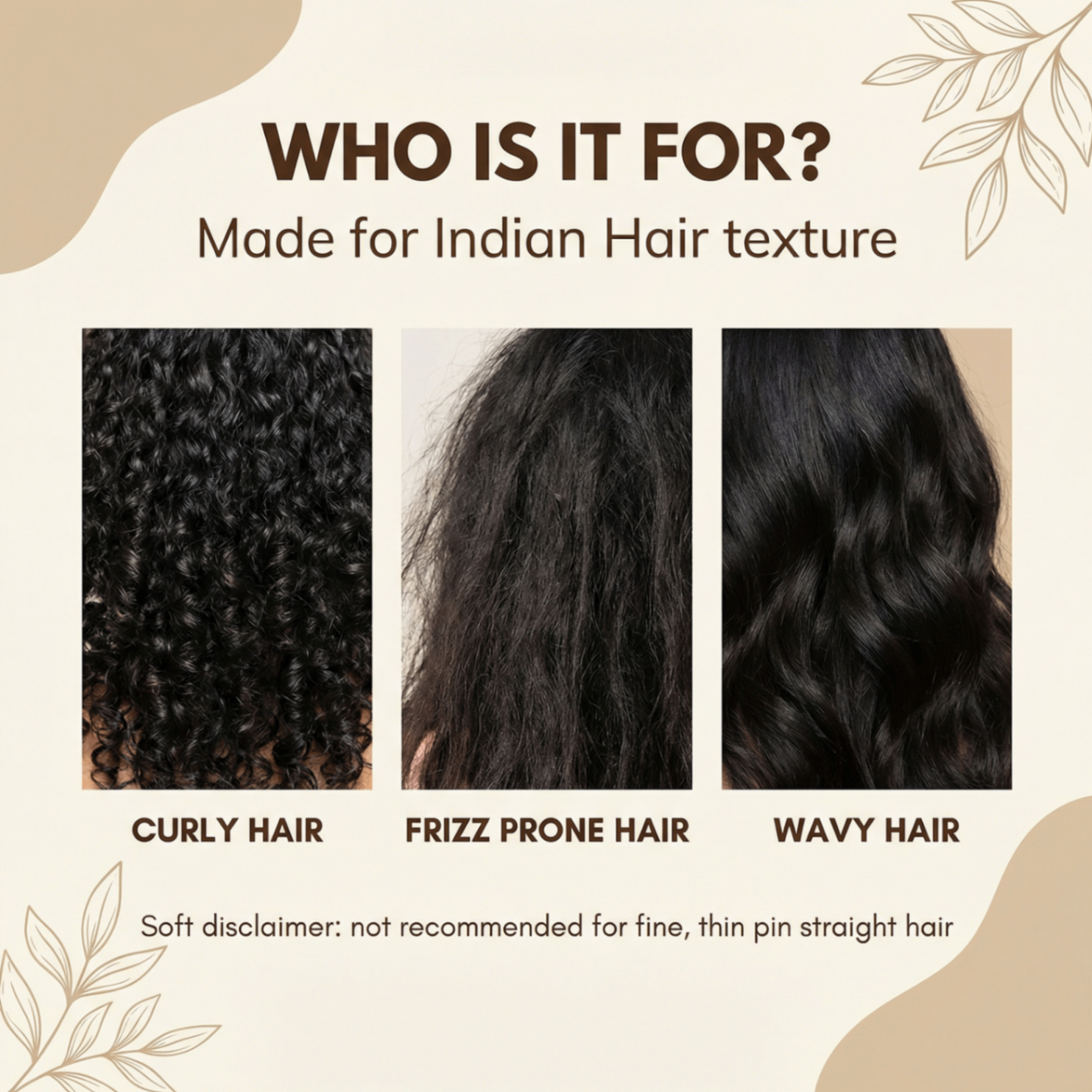 Hair care product made for Indian curly frizzy and wavy hair textures with honest disclaimer for fine straight hair types
