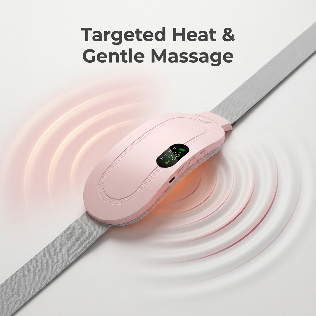 Pink wearable heat and massage device with ripple effect showing targeted pain relief therapy for menstrual cramp comfort