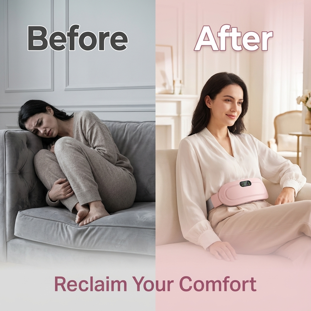 Before and after comparison showing woman in menstrual pain relief using pink wearable massager belt to reclaim comfort and wellbeing