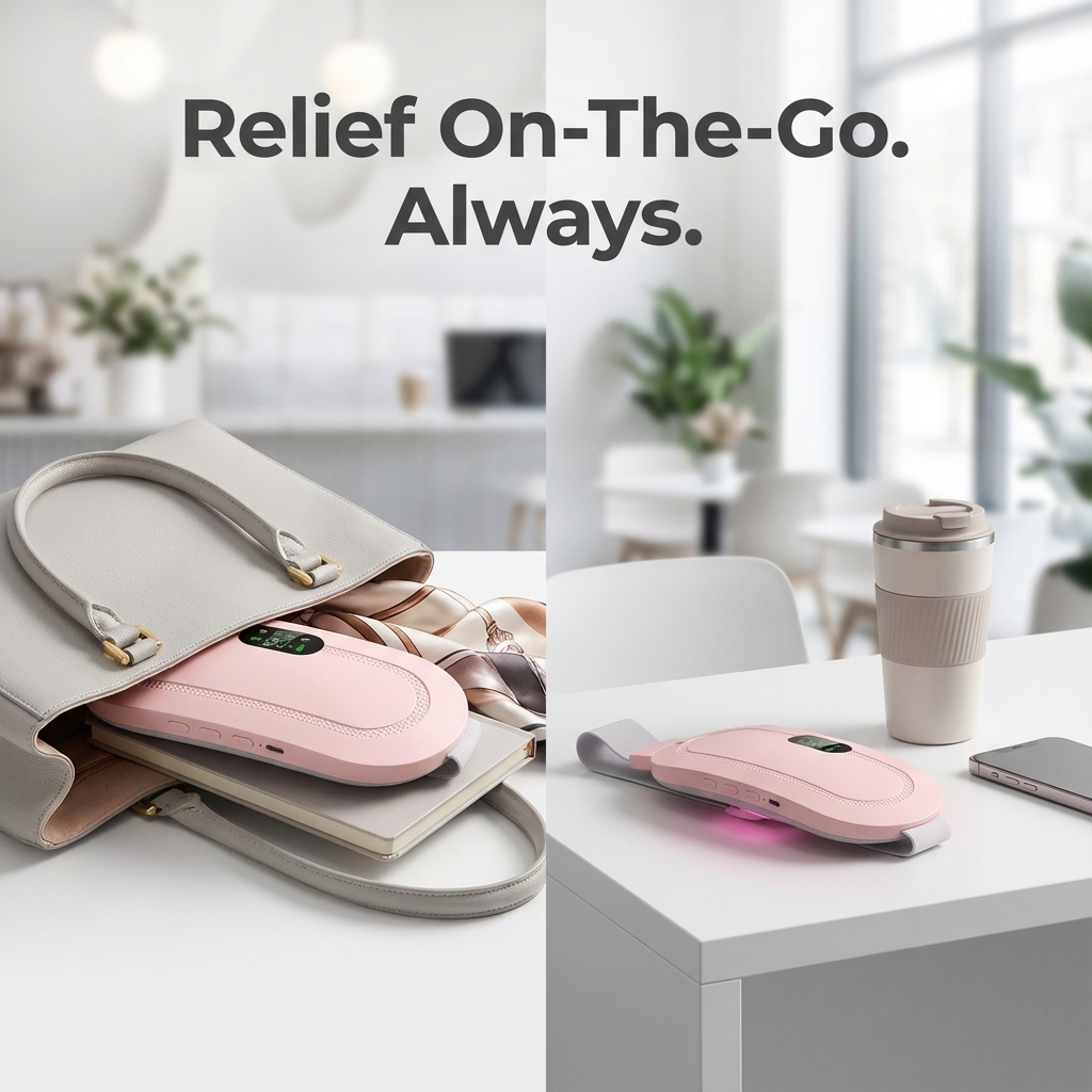 Portable pink pain relief massager fitting in handbag and on work desk for on-the-go menstrual cramp relief anywhere anytime