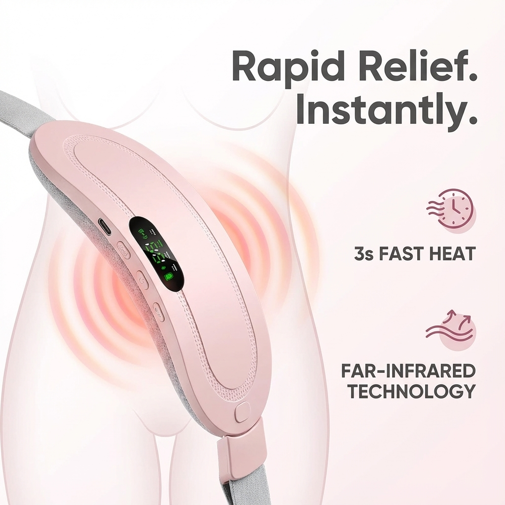 Pink wearable abdominal massager with 3 second fast heat and far infrared technology for rapid menstrual cramp pain relief