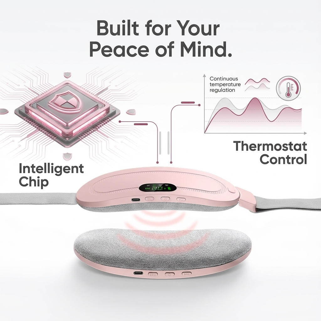 Smart heating belt with intelligent chip thermostat control and continuous temperature regulation for safe menstrual pain relief