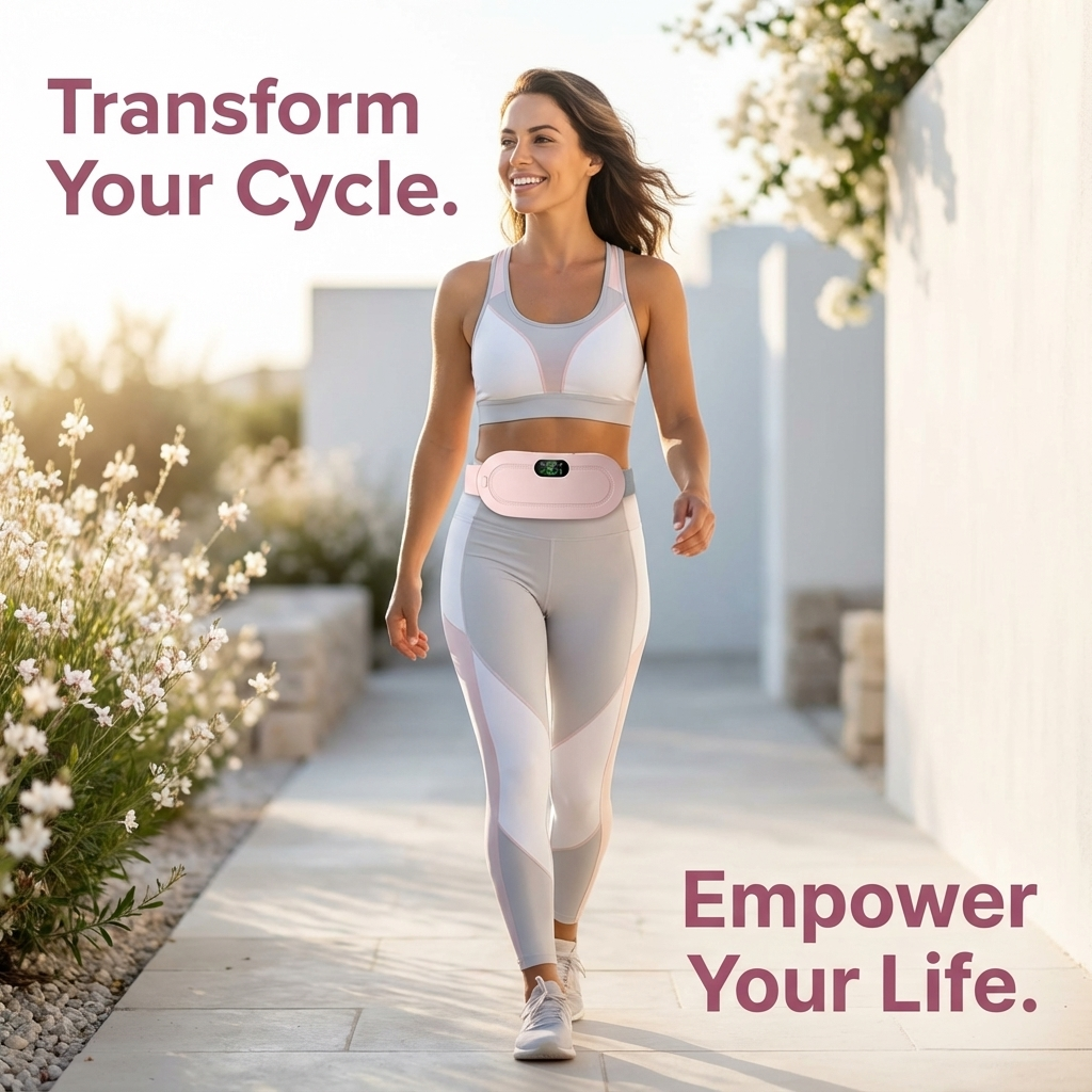 Wearable menstrual heating belt for active women providing discreet hands-free period pain relief during daily outdoor activities