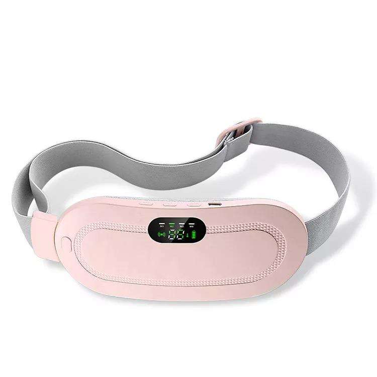 Pink wearable menstrual heating pad belt with digital LED display and adjustable elastic strap for portable cramp relief
