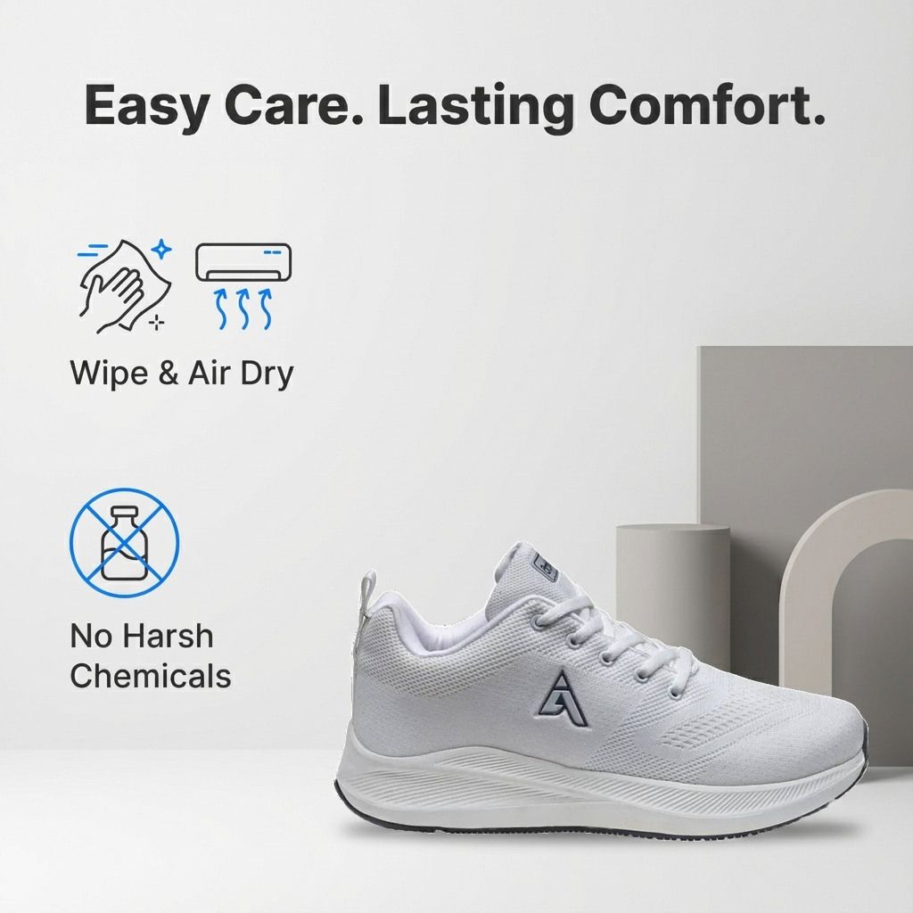 AG white sneakers with easy wipe and air dry care for lasting everyday comfort