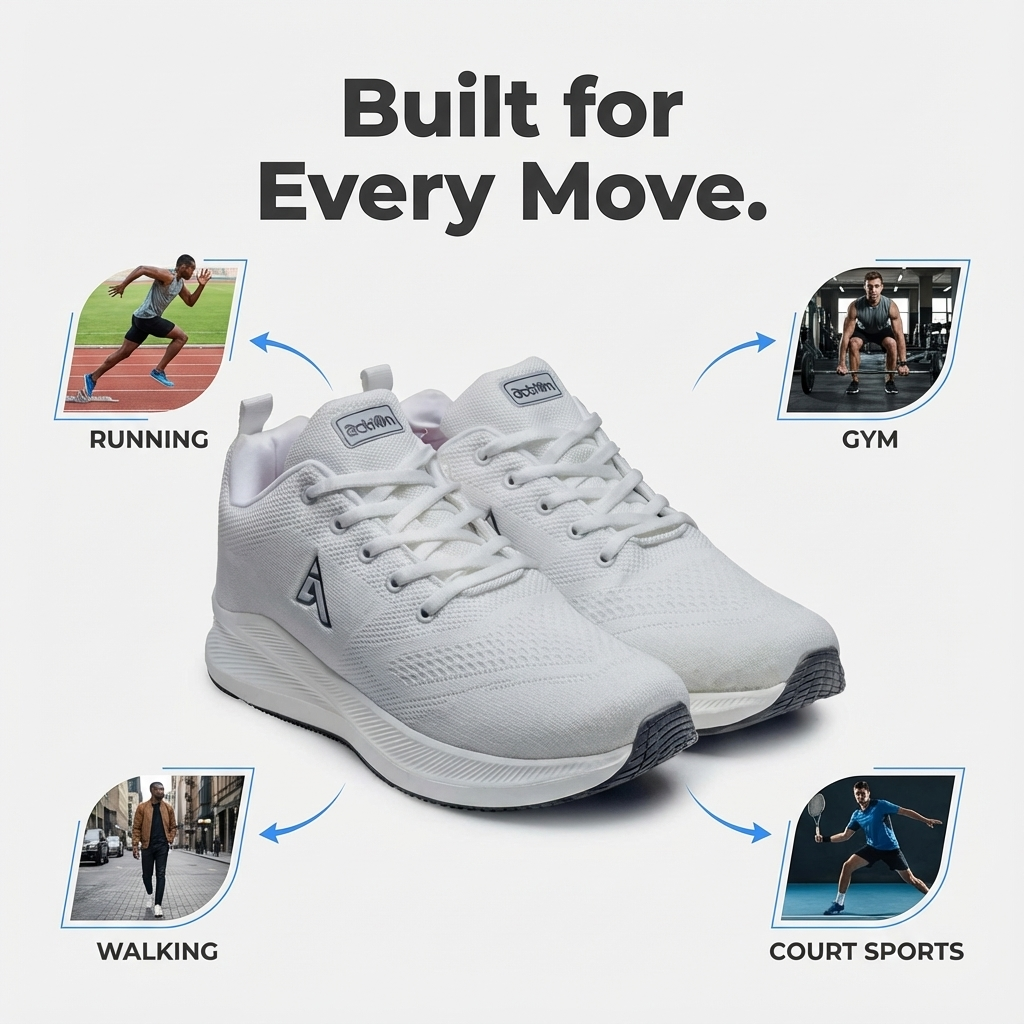 Versatile white athletic sneakers built for running, gym, and court sports