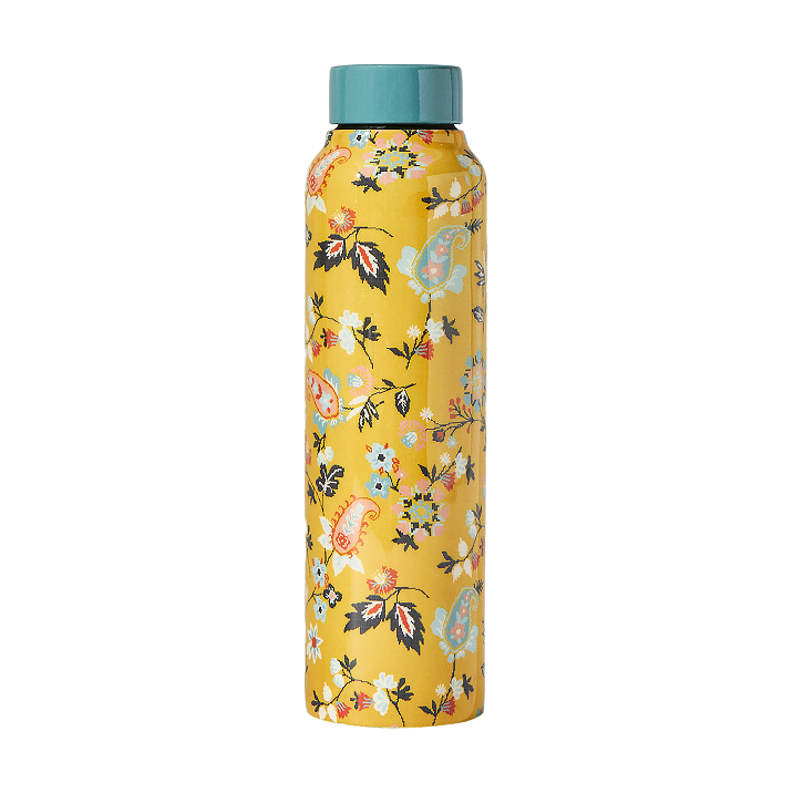 Stainless steel water bottle with wide mouth opening for easy cleaning no metallic aftertaste maintains freshness floral design