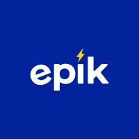 Epik logo featuring white lowercase text with a yellow lightning bolt symbol on a vibrant blue background representing a modern energy company brand identity.