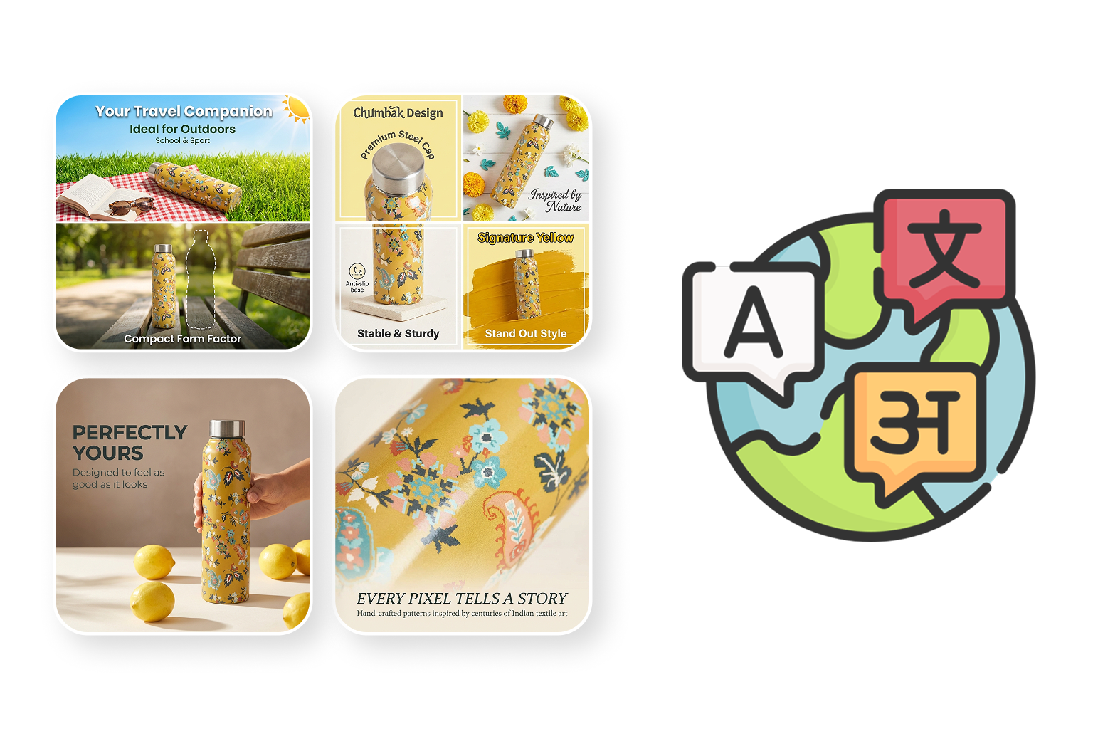 Chumbak Design premium steel water bottle with yellow floral pattern featuring compact outdoor travel design and hand-crafted Indian textile-inspired artwork.