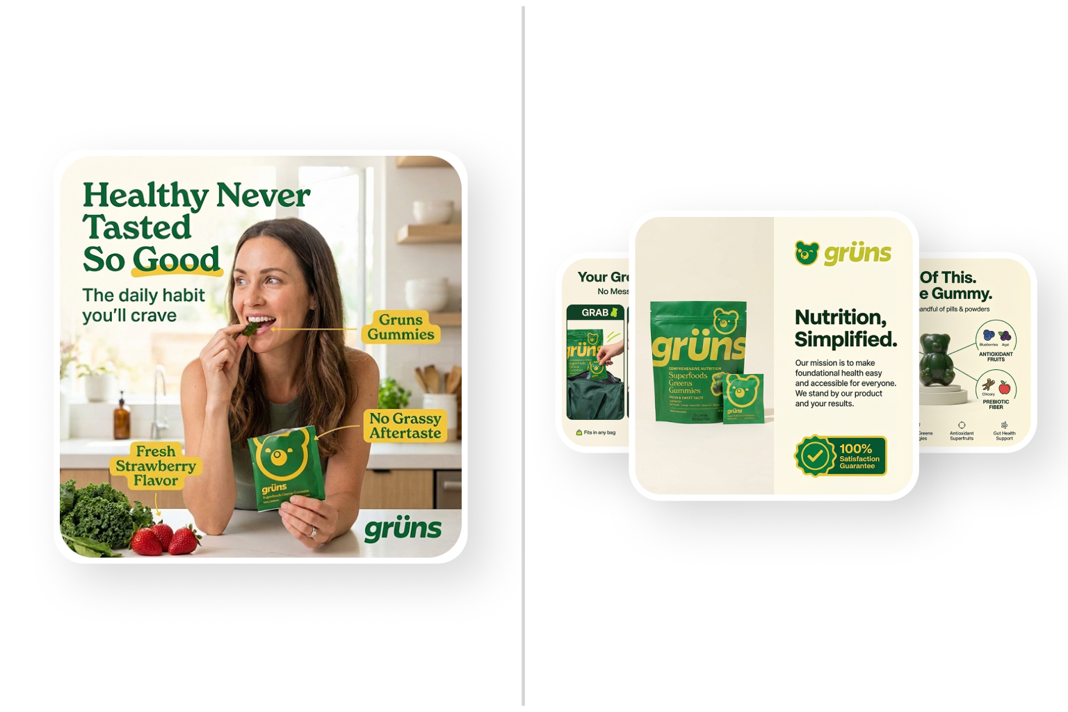 Grüns healthy gummy supplements marketing materials showcase fresh strawberry flavor nutritional gummies with product packaging and brand messaging about wellness nutrition.